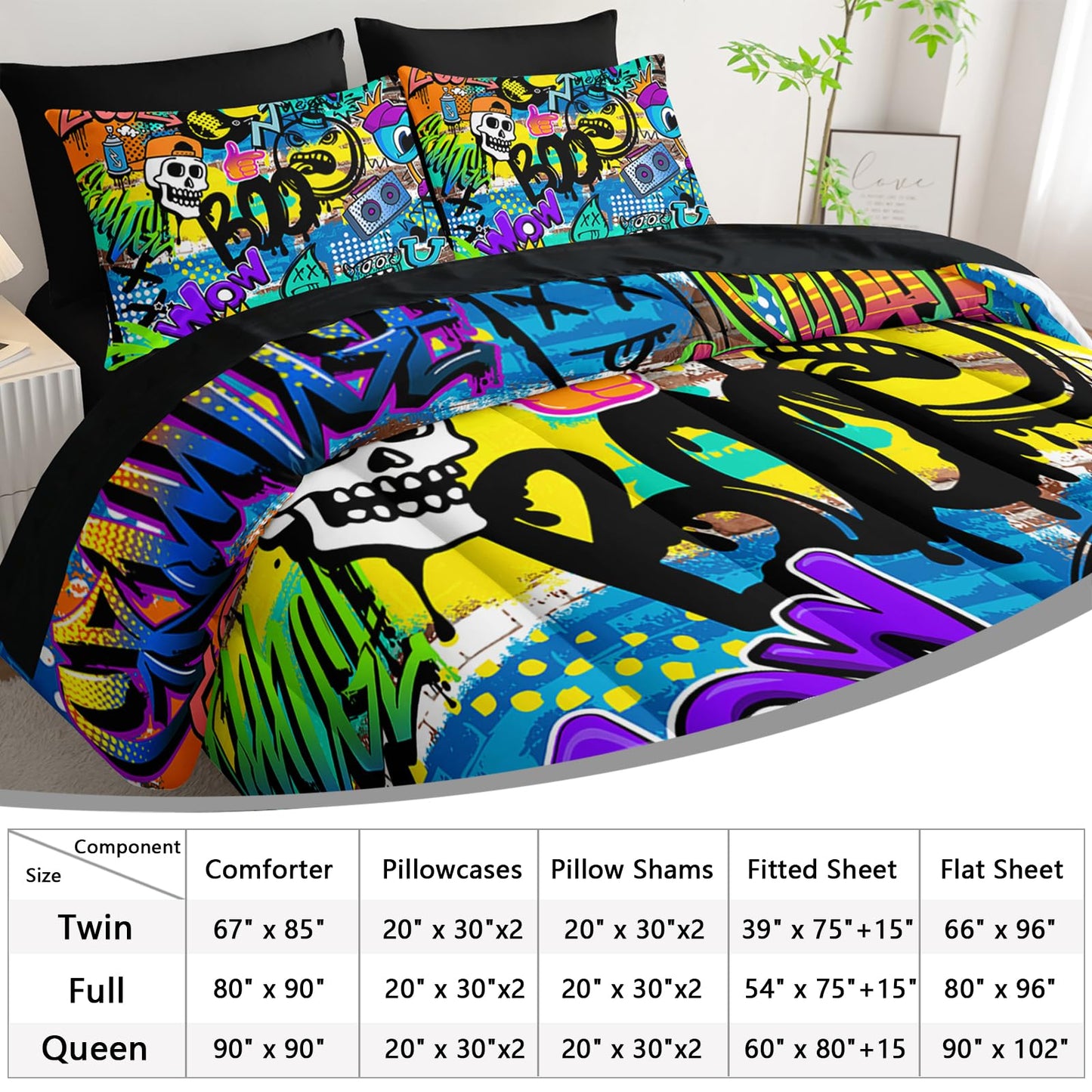 AILONEN Boys Kids Comforter Set Full,7-Piece Cartoon Hip Hop Skull Bed in a Bag Printed Bedding Set,Colorful Graffiti Soft Comforter & Fitted Sheet & Flat Sheet & 2 Pillowcases,2 Pillow Shams,Black