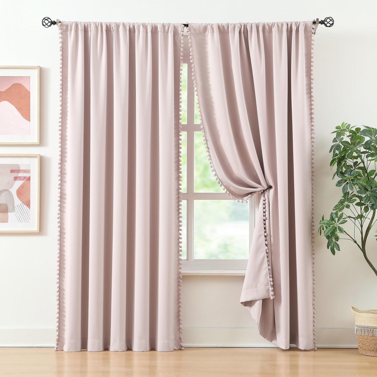 Treatmentex Pompom Blackout Curtains for Bedroom Pink Girls 84 inch Energy Efficient Thermal Insulated Living Room Darkening Curtain Panels for Kitchen Nursery Room 52" w x2 Panels Rod Pocket