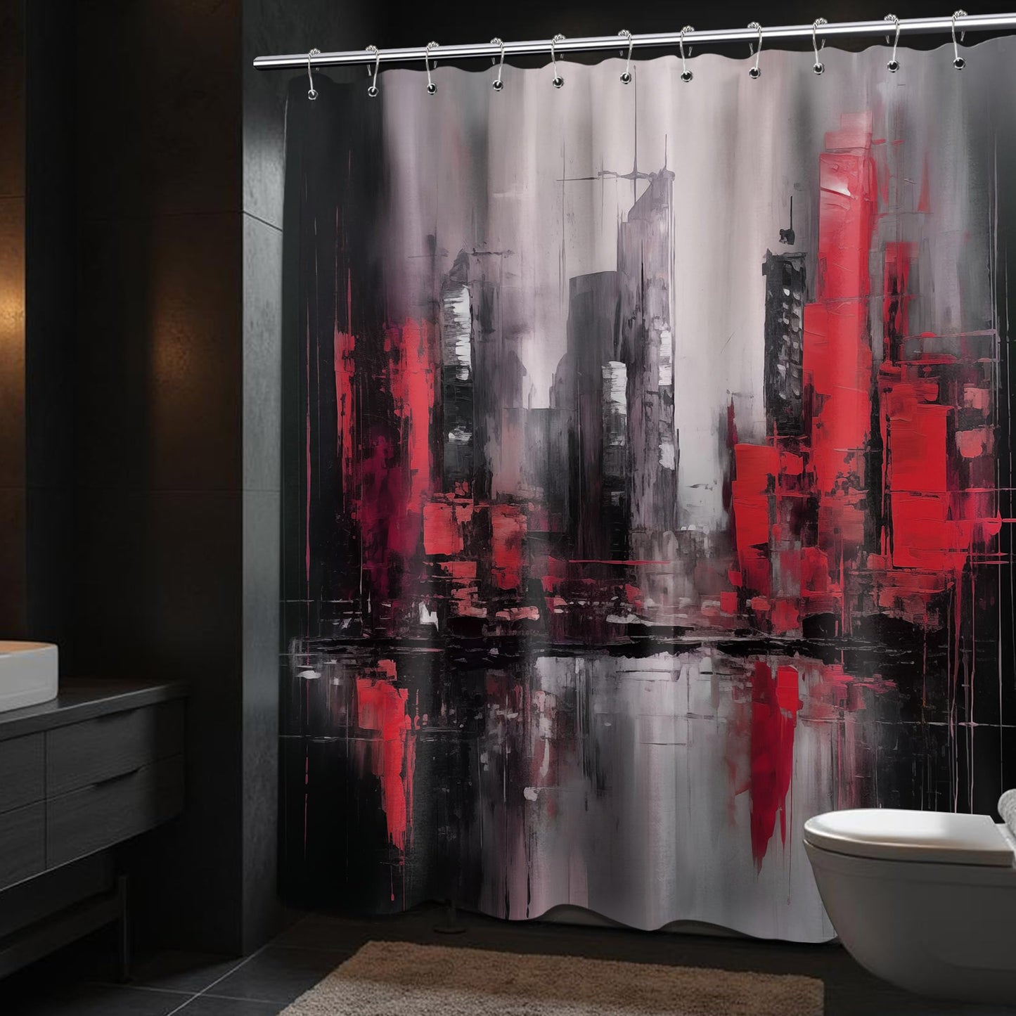 dueeia Red and Black Abstract Shower Curtain, Dark Red, 70 x 72 inch