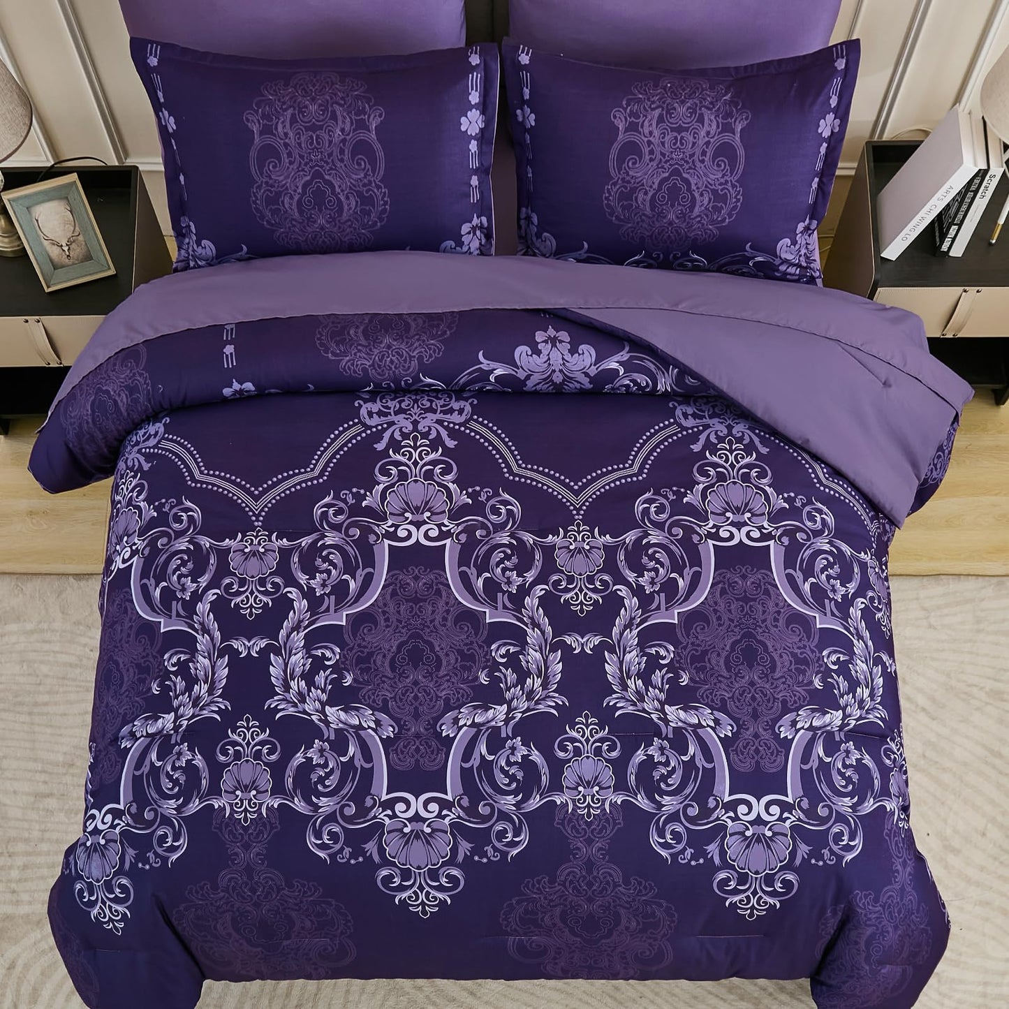 Mybedsoul 7 Pieces Dark Purple Comforter Set King Size, Damask Bed in a Bag for King Bed, Lightweight Microfiber Boho Bedding Sets with Comforter, Sheet, Pillowcases & Shams for All Season(90"x104")