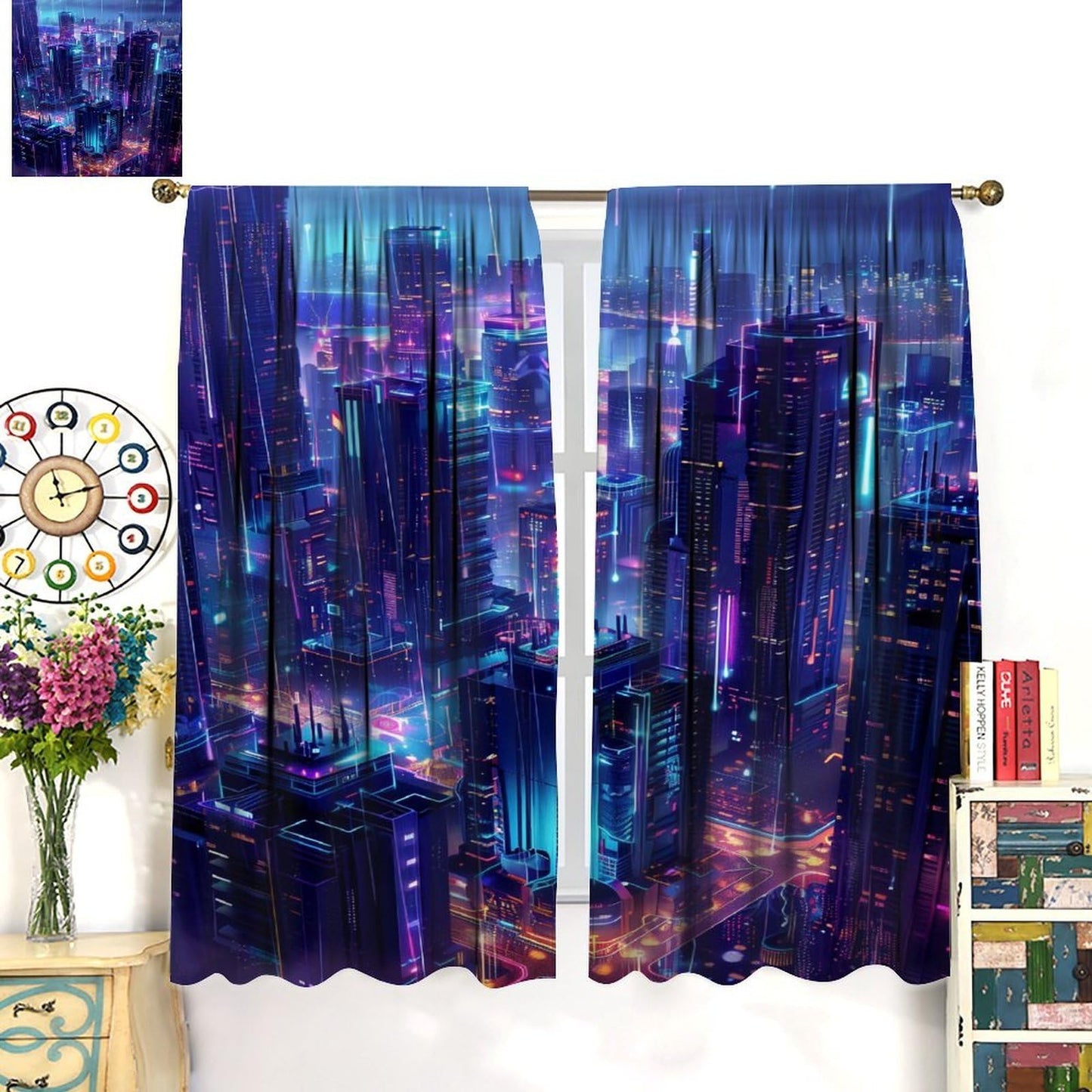 VUMIVI Gaming Curtains Cyberpunk Futuristic City Rain Skyscrapers Blue-Toned Fantasy Landscape Rod Pocket Window Treatments for Boys Girls Gaming Bedroom Sci-Fi Tech Expo 42" W X 44.5" L