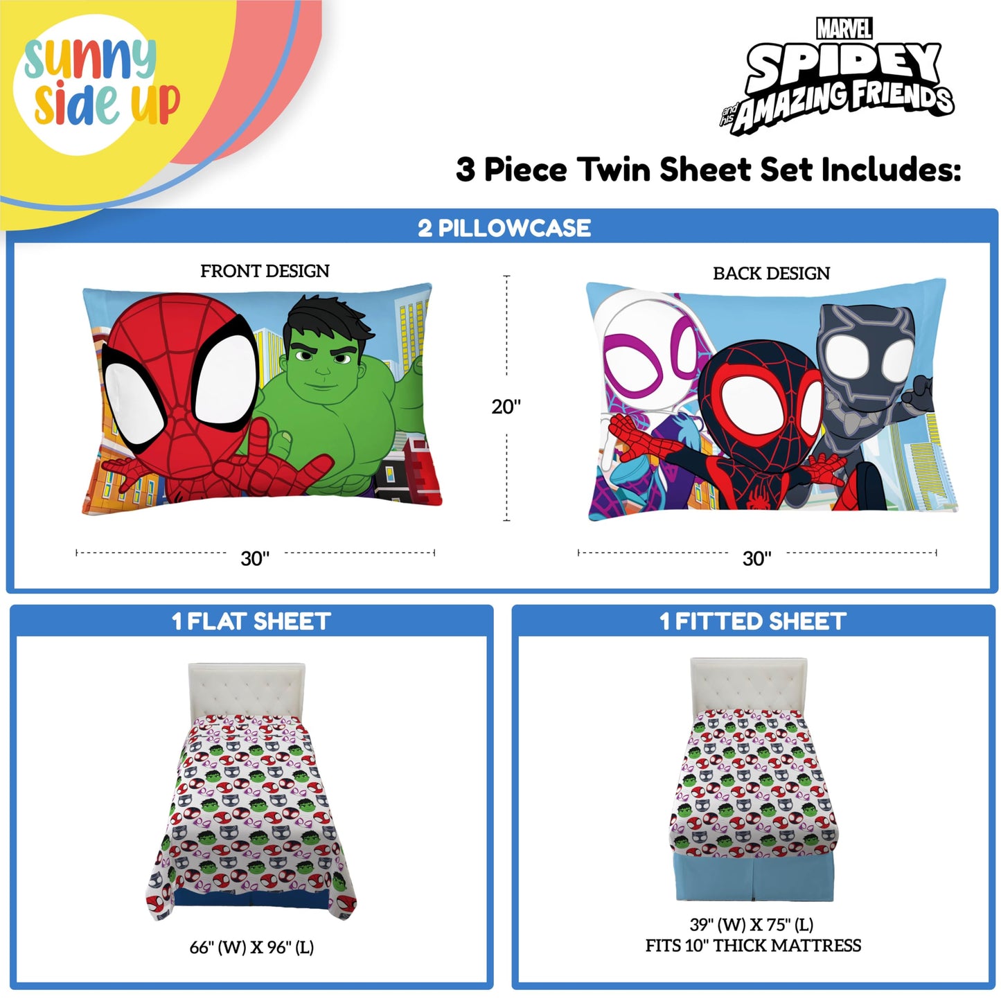 Sunny Side Up Spidey & His Amazing Friends Twin Sheet Set - 3 Piece Kids Bedding Set Includes Pillow Cover - Super Soft Superhero Microfiber Sheets Features Miles Morales & Ghost Spider