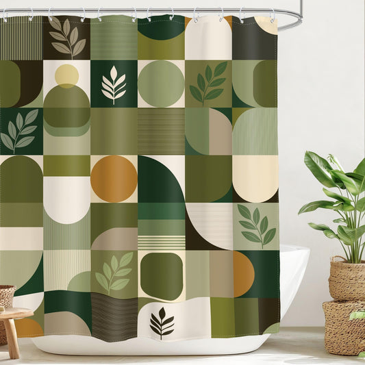 Glawry Mid Century Olive Green Shower Curtain Abstract Boho Patchwork Geometric Plants Leaf Summer Modern Vintage Bathroom Botanical 60Wx72L Inches Bath Accessories Art Home Decor Fabric 12 Pack Hook