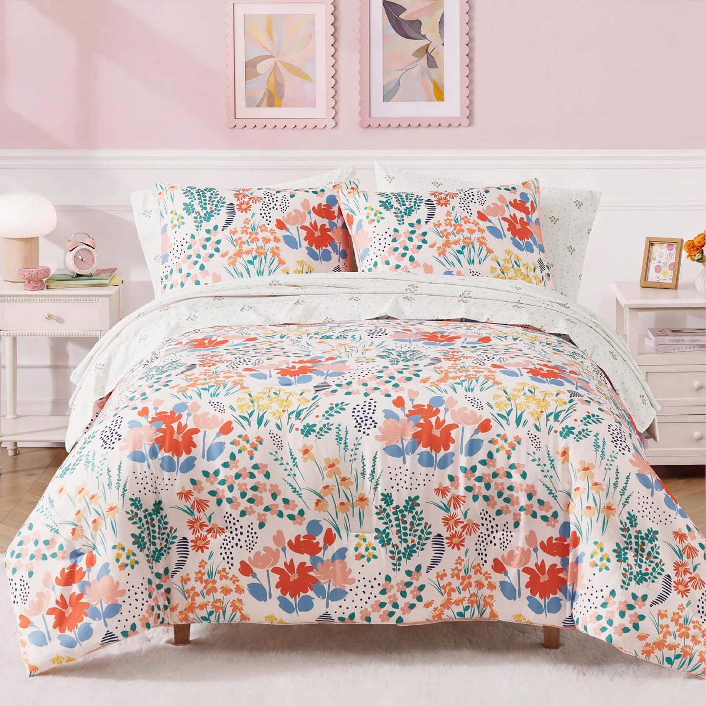 BLOOMHAVEN Twin XL Comforter Set for Girls, 5 Pieces Pink Botanical Floral Bedding Set, All Seasons Kids Dorm Bed in a Bag with Sheets, Pillowcase & Sham