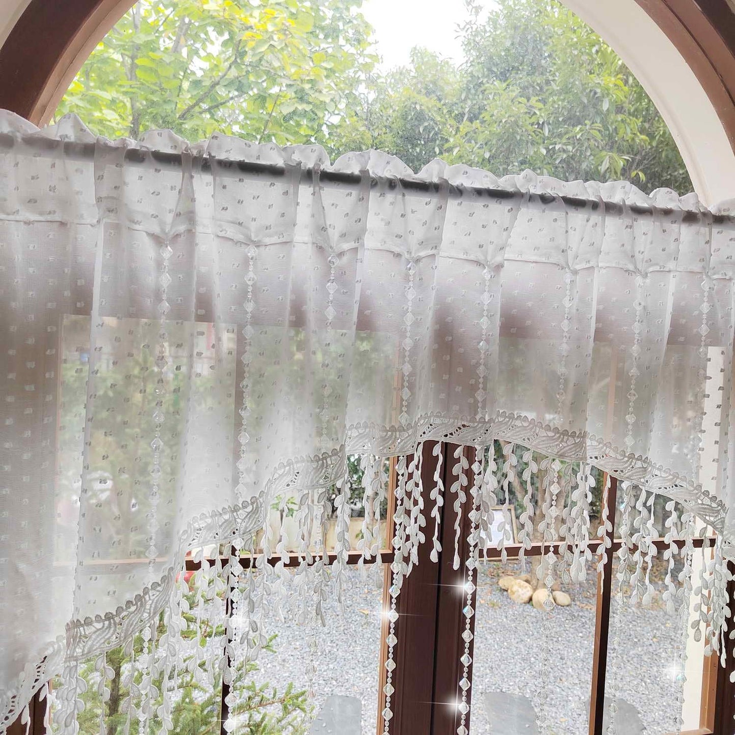 White Arched Sheer Valance Boho Pompom Short Curtain Tier with Crystal Beads for Doorways Tassels Swag Curtain Room Divider Dining Room Glass Door Rod Pocket 1Panel (W59 X L43 INCH,White)