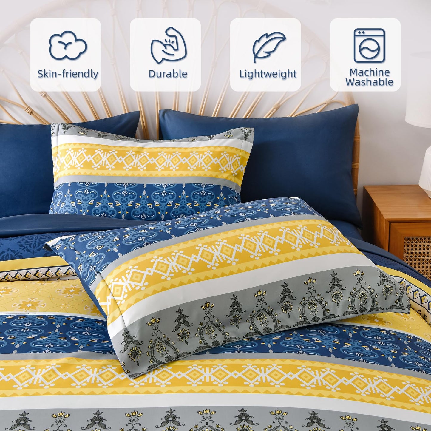 WONGS BEDDING Boho Comforters Set Queen, 7 Pieces Navy Blue and Yellow Comforter Sets Bohemian Bed in a Bag Striped Comforter Set Soft Microfiber Paisley Floral Comforter and Sheet Set for All Season