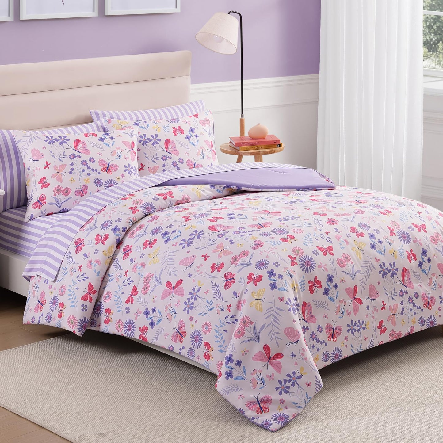 Wink Deer Twin Comforter Set with Sheets for Girls-5 Pieces Twin Bedding Sets with Pink Comforter, Sheets, Pillowcase & Sham for Kids (Cute Botanical Flowers, 66" X 86")