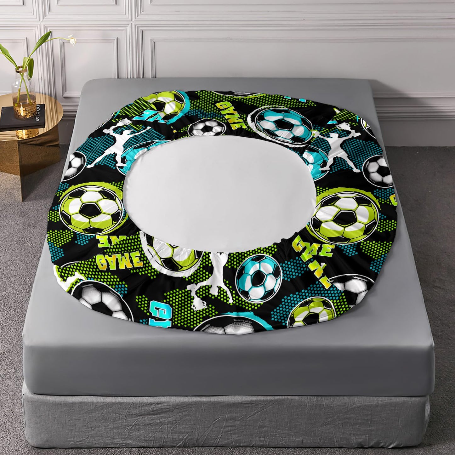 HOSIMA Soccer Twin Fitted Sheet for Boys Room Decor,Athletes Holding Trophies Pattern Sports Bedding for Kids Teens,Blue Green Honeycomb Background,1 Fitted Sheet+2 Pillowcases.