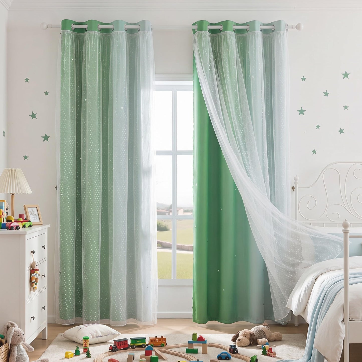 MYSKY HOME Kids Green Blackout Curtains for Boys Bedroom Decor Living Room, Hollow-Out Stars Thermal Insulated Grommet Ombre Curtain for Nursery Room, W34 X L90 Inches Long, 2 Panels