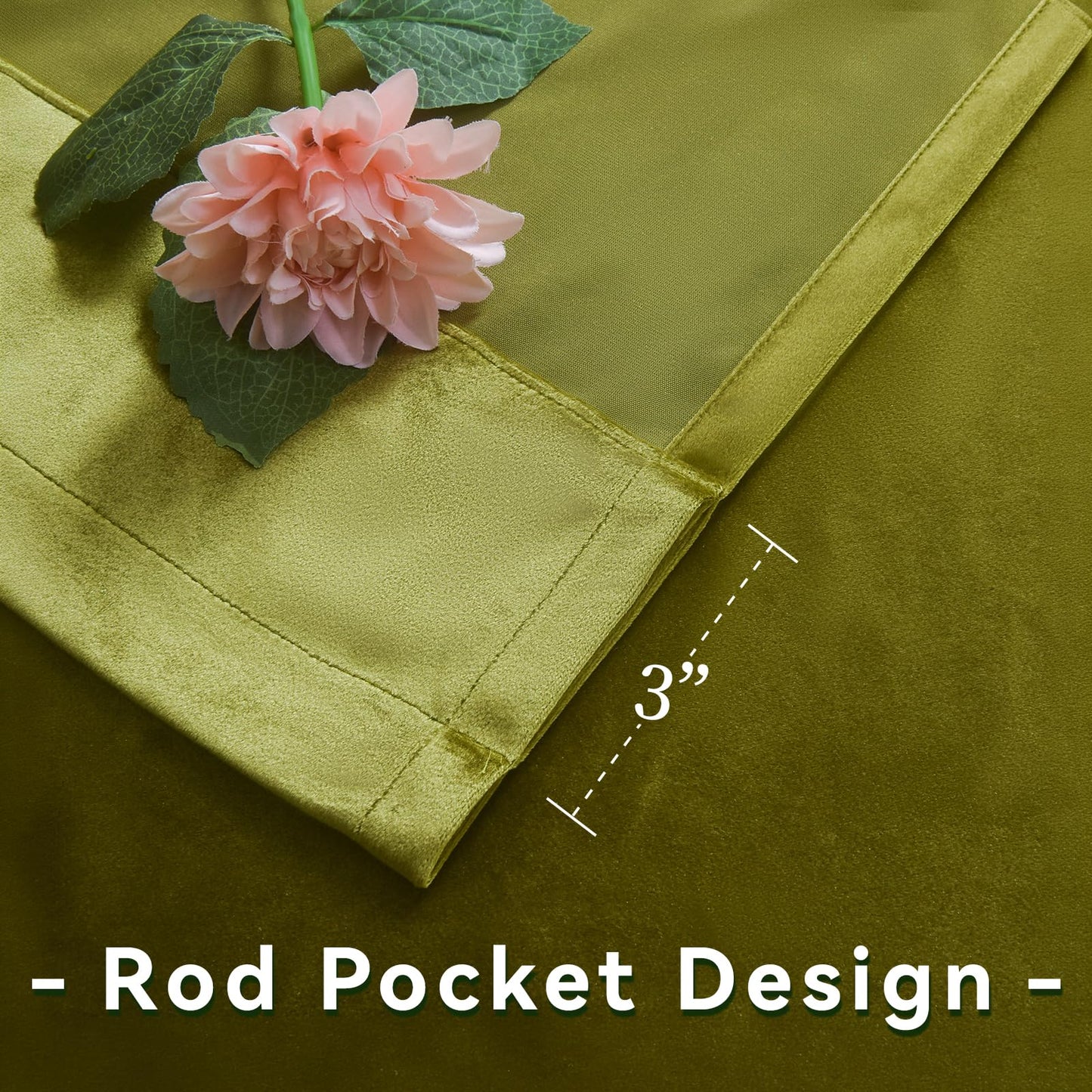 Roslynwood Velvet Olive Green Curtain 63 inch Long - Curtains Block Light Rod Pocket Thermal Insulated Window Drapes Set for Living Room/Bedroom/Dining Room, W52 x L63, 2 Panels