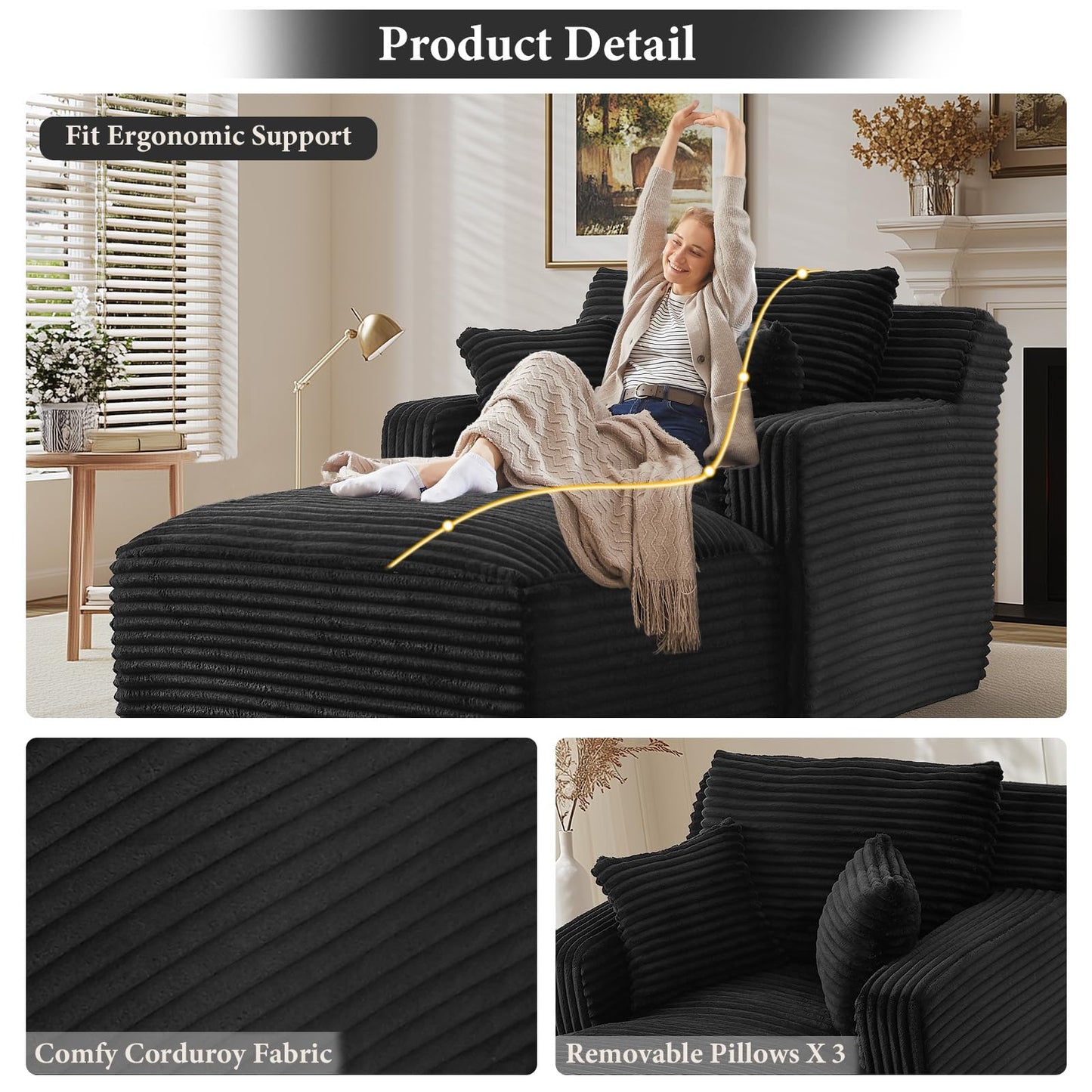 VEPXXP 65.4" Chaise Lounge Chair Indoor, Oversized Boneless Couch Comfy Upholstered Sleeper Sofa Bed with 3 Pillows, Corduroy Cloud Reading Chair for Living Room No Assembly Required, Black