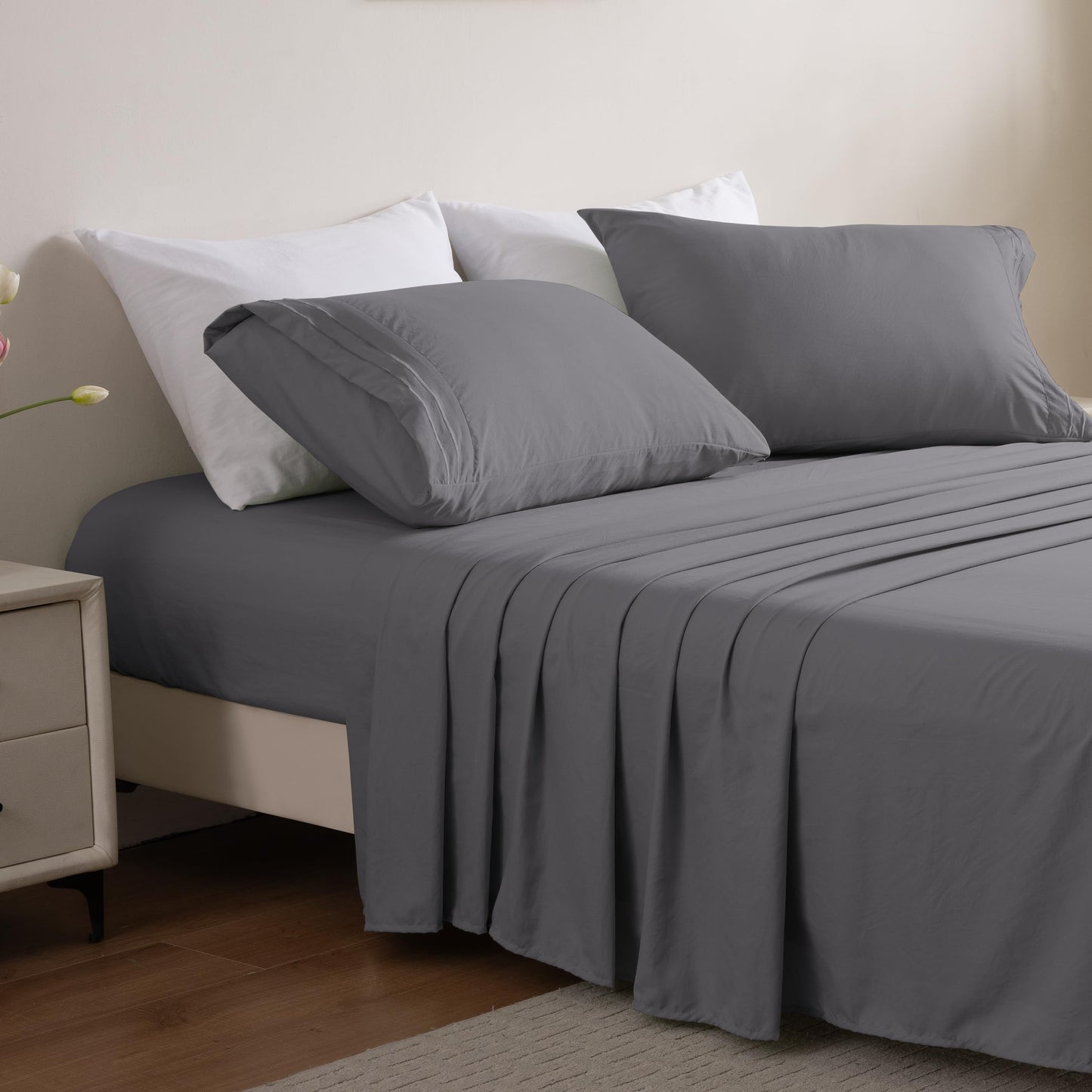 Ranunculus 3 Piece Washed Twin Bed Sheet Set, Fitted Sheet Twin Size & Bedsheet & Pillowcase, Soft Brushed Microfiber - 16 inches Deep Pocket, Breathable, Fade Resistant,Easy Care (Dark Grey,Twin)