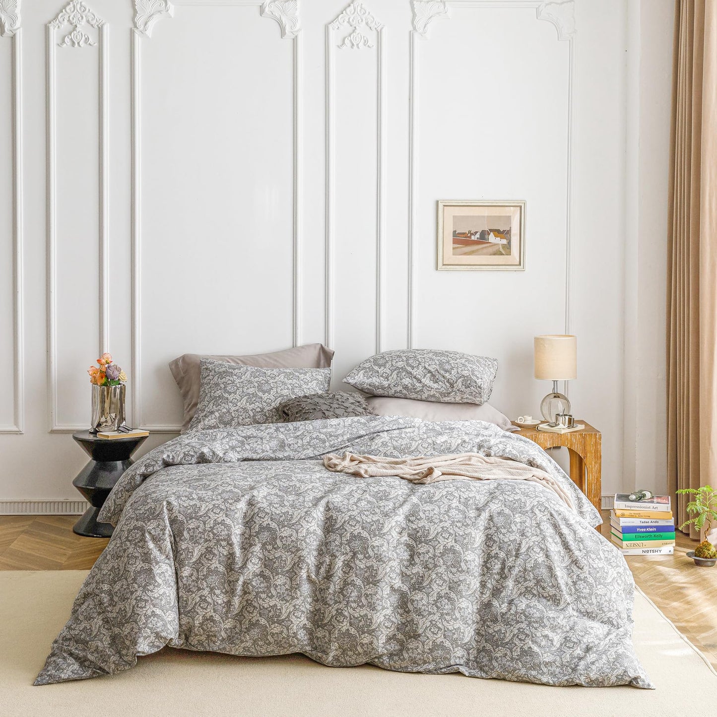 SUSYBAO Boho Flower Duvet Cover Queen 100% Cotton 3 Pcs Set 1 Vintage Grey Paisley Duvet Cover with Zipper Ties 2 Pillowcases Classical Style Gray Bohemian Floral Bedding Set Soft