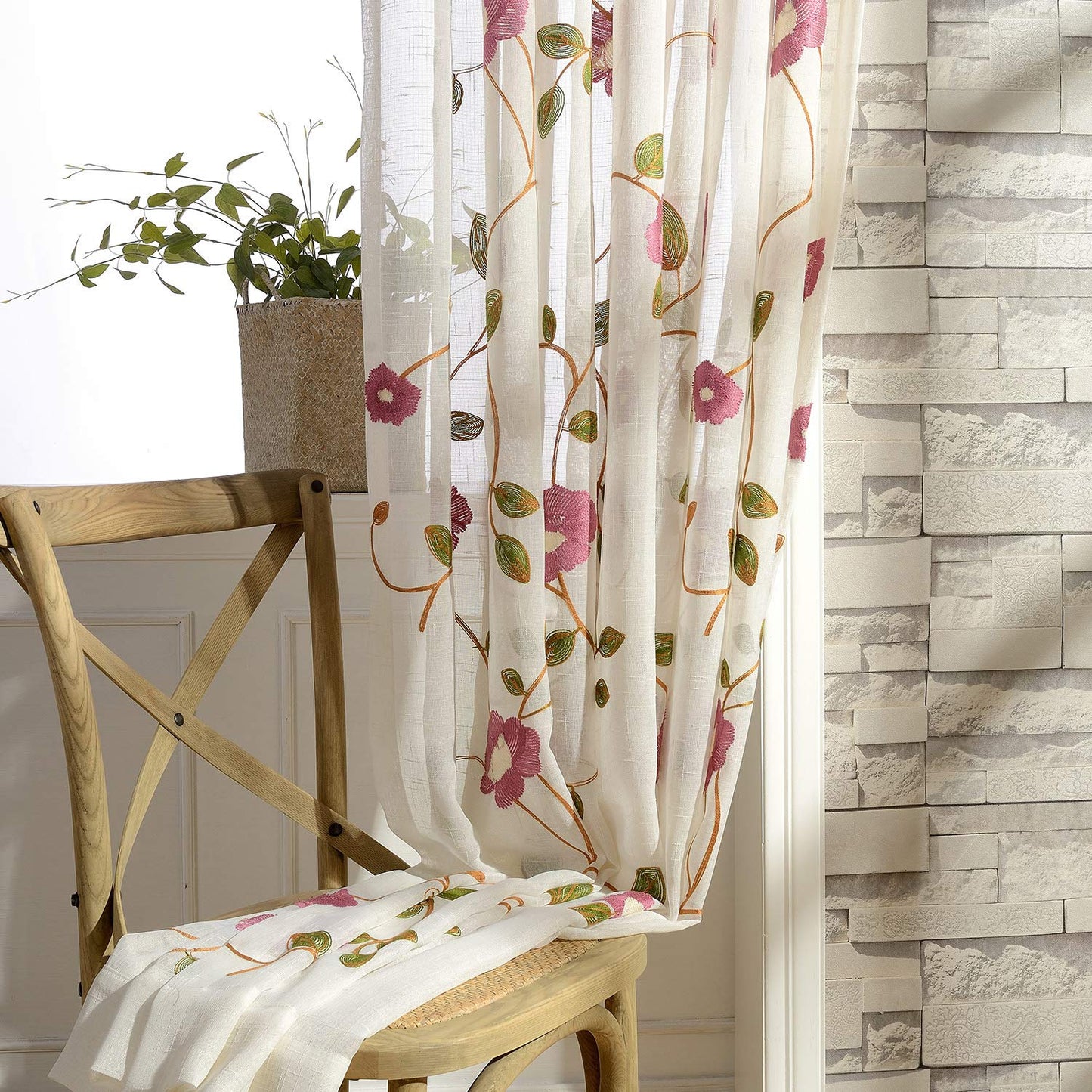 VOGOL Sheer Curtains 84 Inches Long, Red Floral Embroidered White Sheer Window Curtains for Living Room/Ding Room, Rod Pocket, W52 X L84, 2 Panels