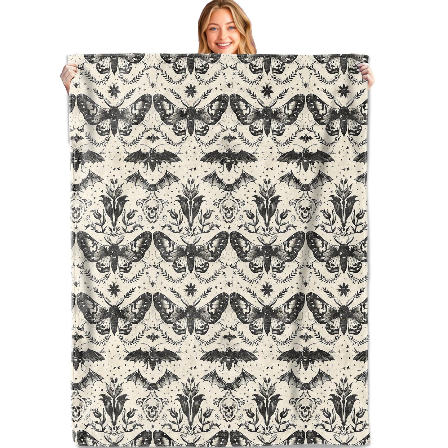 MIEPOS Gothic Moth and Skull Throw Blanket, 50x60in, Soft, Lightweight Flannel,Black and Beige Aesthetic with Bat Flower Star Blankets, for Academia Home Living Room Halloween Decor