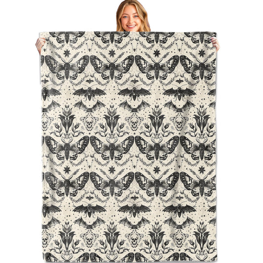 MIEPOS Gothic Moth and Skull Throw Blanket, 50x60in, Soft, Lightweight Flannel,Black and Beige Aesthetic with Bat Flower Star Blankets, for Academia Home Living Room Halloween Decor