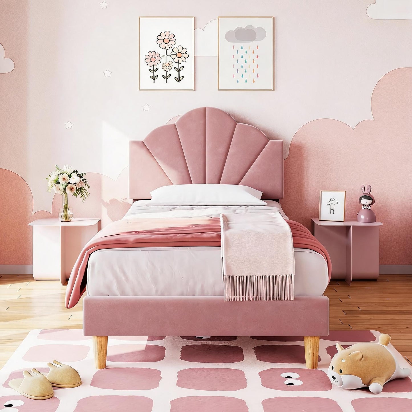 IDEALHOUSE Twin Bed Frame, Velvet Upholstered Platform Bed Frame with Height Adjustable Headboard for Boys & Girls, Wood Slat Support, Easy to Assemble, No Box Spring Needed, Light Pink