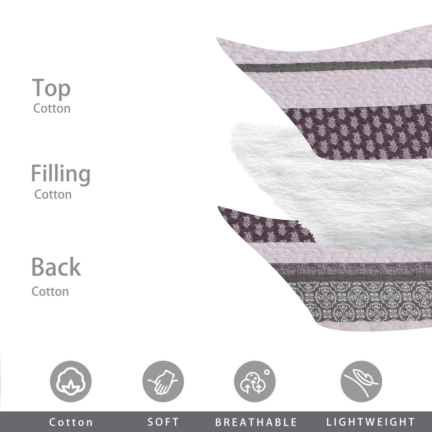 Homzard Quilts Queen Size, Cotton Comforter Set, Purple and Grey Queen Bed Set,Lightweight Striped Bedding, Farmhouse Bedspread All Season 3 Pieces
