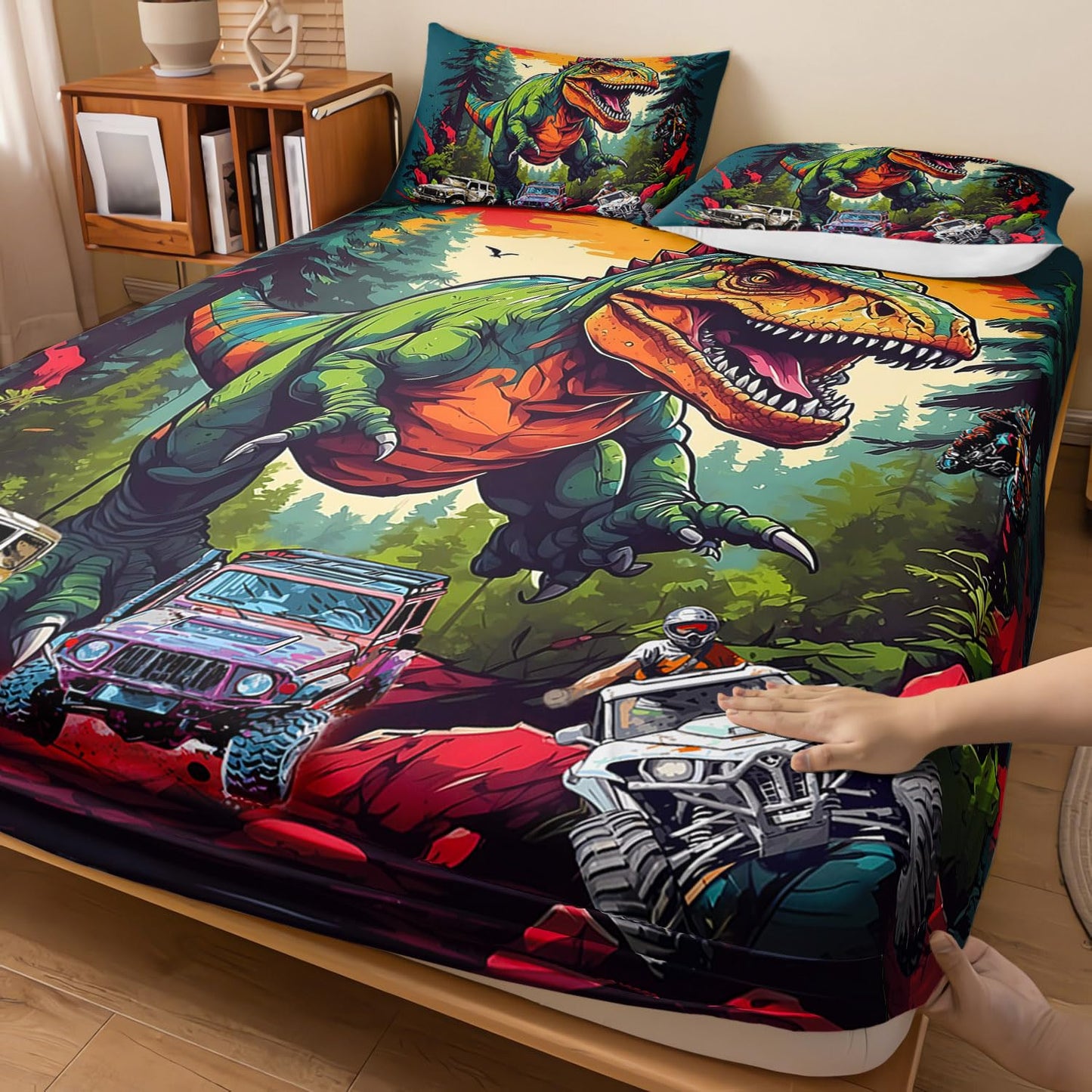 AILONEN Cartoon Truck Dinosaur Fitted Sheet Set Twin Size, Dinosaur with Monster Trucks Bedding Set for Boys Kids,Sunset Theme Bedsheets Set,3-Pieces,1 Sheet Set + 2 Pillowcases,Soft,Breathable