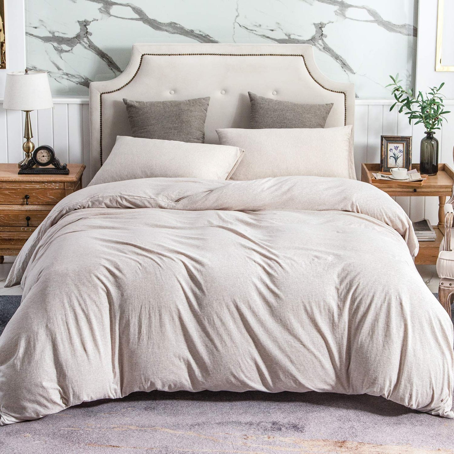 PURE ERA Jersey Knit Duvet Cover Set 100% T-Shirt Cotton Super Soft Comfy 2pc Bedding Set with Zipper Closure (Heather Beige, Twin)