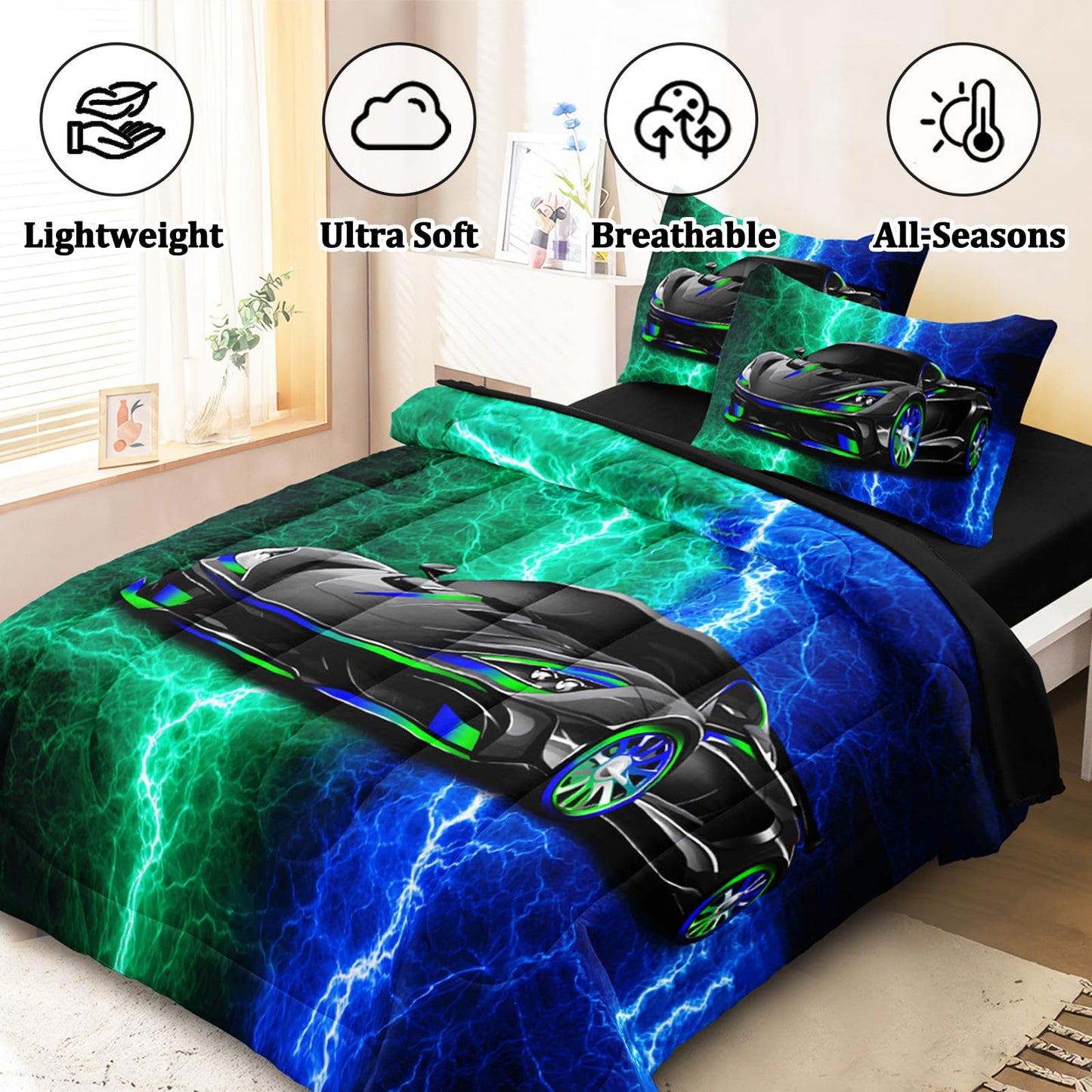 BERTSUCA 5 Pcs Car Comforter Sets for Boys, Cool Blue Green Lightnings Bed in A Bag Full Size Car Bedding Set for Boys Kids