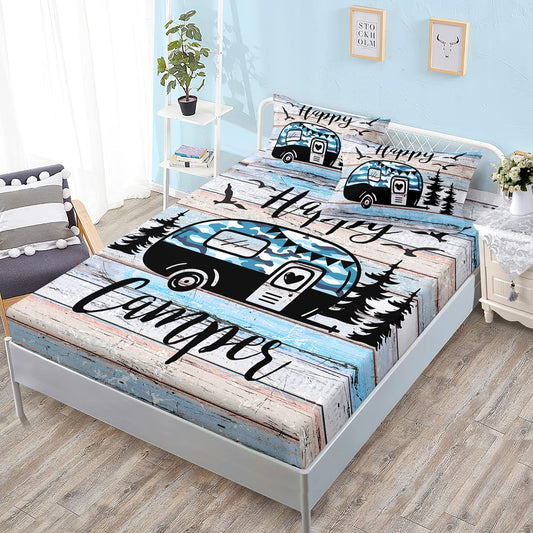 HOSIMA Happy Camping Decor Fitted Sheet Full Size,Camouflage Camper Bedding for Kids Teen Girls Boys Room Decor,Camper Accessories for Travel Trailers Themed Bedding with 2 Pillowcases.