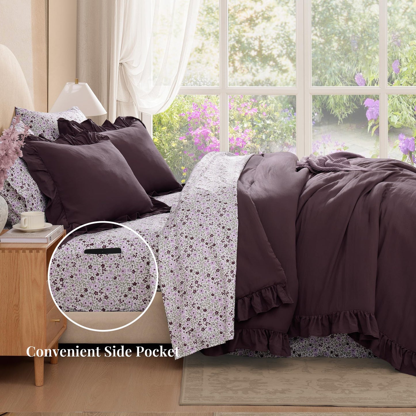 BLOOMHAVEN Queen Comforter Set - 7 Pieces Ruffle Purple Bedding Sets, Shabby Chic Farmhouse Bed in a Bag Queen with Ruffle Comforter, Floral Sheets, Pillowcases & Shams