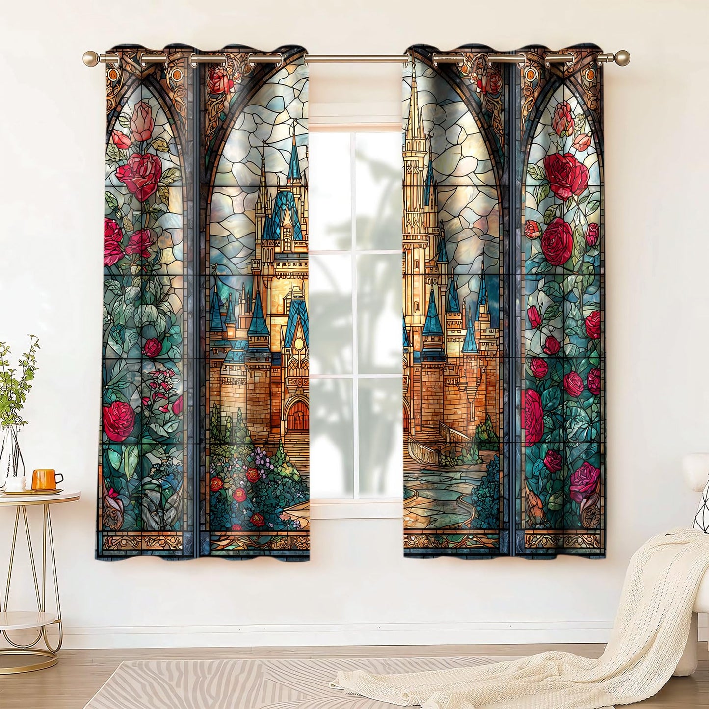 HIYSMT Retro Stained Glass Castle Curtains,4263inch Fairytale Princess Rose Blackout Curtain,Nordic Arched Window Printed Drapes for Girls Women Bedrooms Living Room 2Panels HILC039