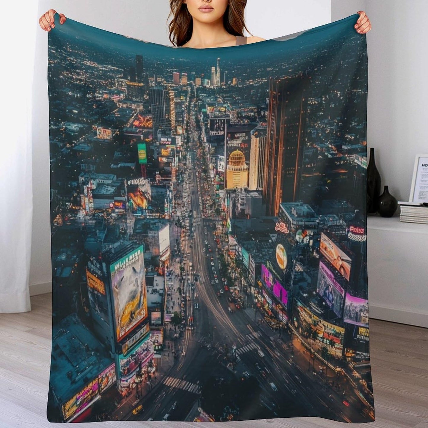 HDESDIS City Skyline Sunset Flannel Throw Blanket, Soft Cozy Warm Fleece Urban Scenic Night Landscape Blanket for Couch Sofa Bed, 50x60 Inch