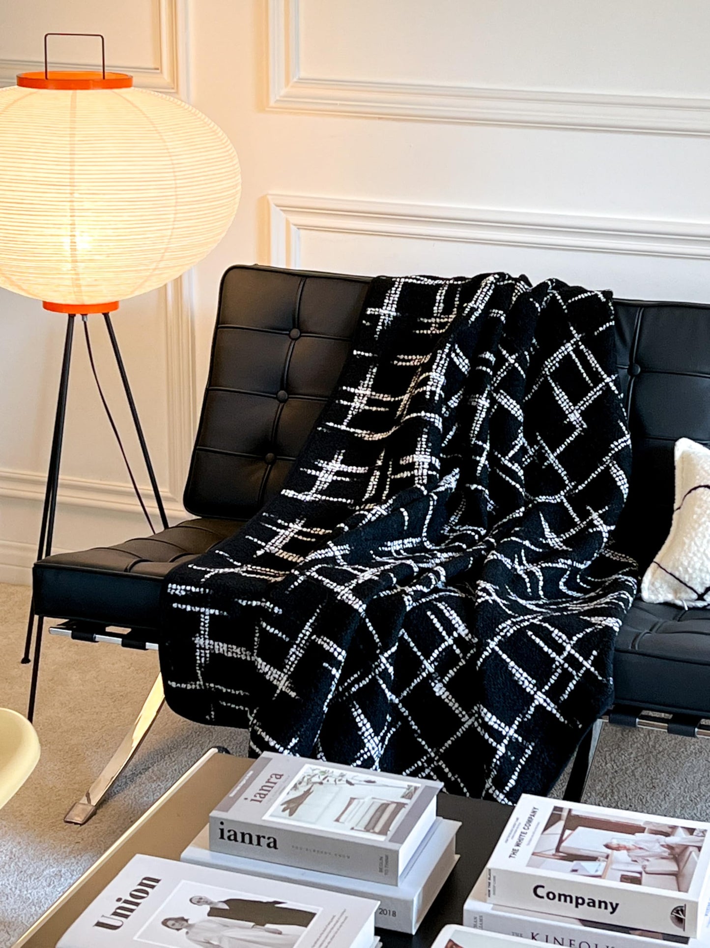 Crumbs Home Modern Decorative Throw Blanket for Couch, Sofa, Bed, Black Beige Embroidered Irregular Lines, 55"x60"