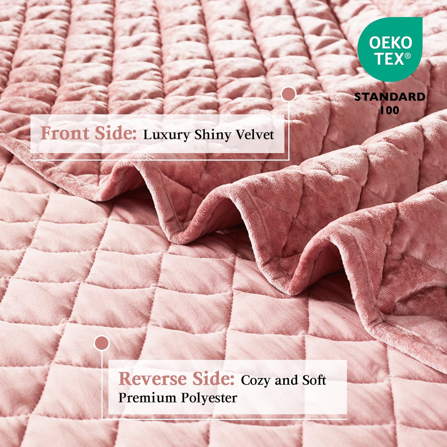 Cosybay Luxury Velvet Quilt Set Queen, Lightweight Oversized Bedspread Coverlet Quilted Box Stitch Bedding Set, with 2 Matching Pillow Shams, for All Season, Rose Pink