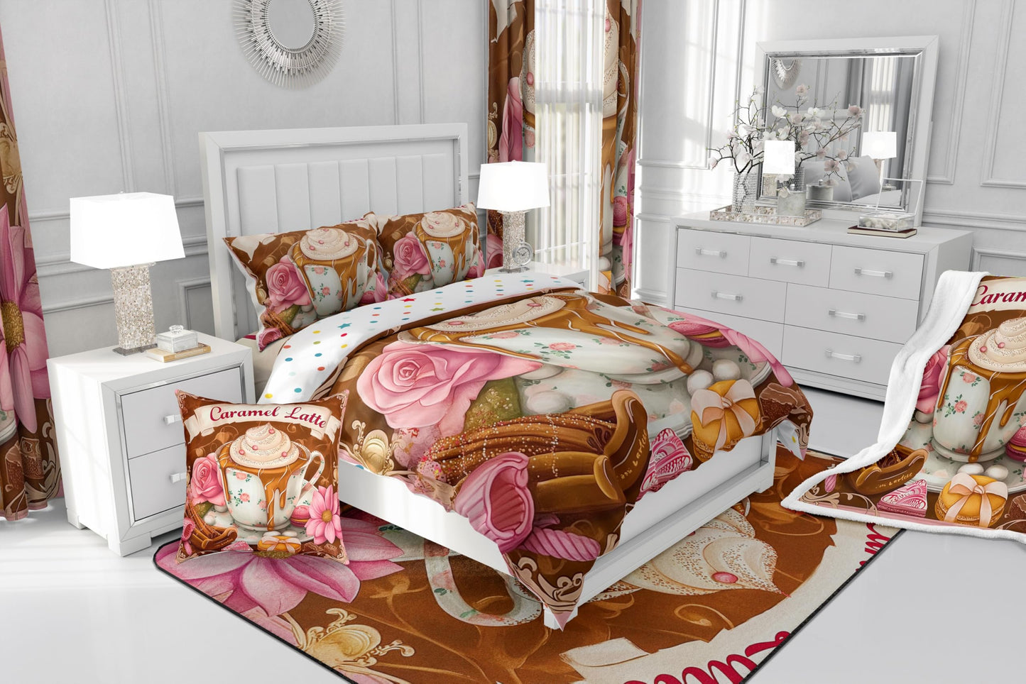 Erosebridal Caramel Lattle Bedding Set for Kids Teens,Afternoon Tea Comforter Set Full Size,Oil Painting Rose Daisy (Comforter+Fitted+Flat Sheet+2 Pillowcases+2 Throw Pillow Covers) 7 Pieces Bed Set
