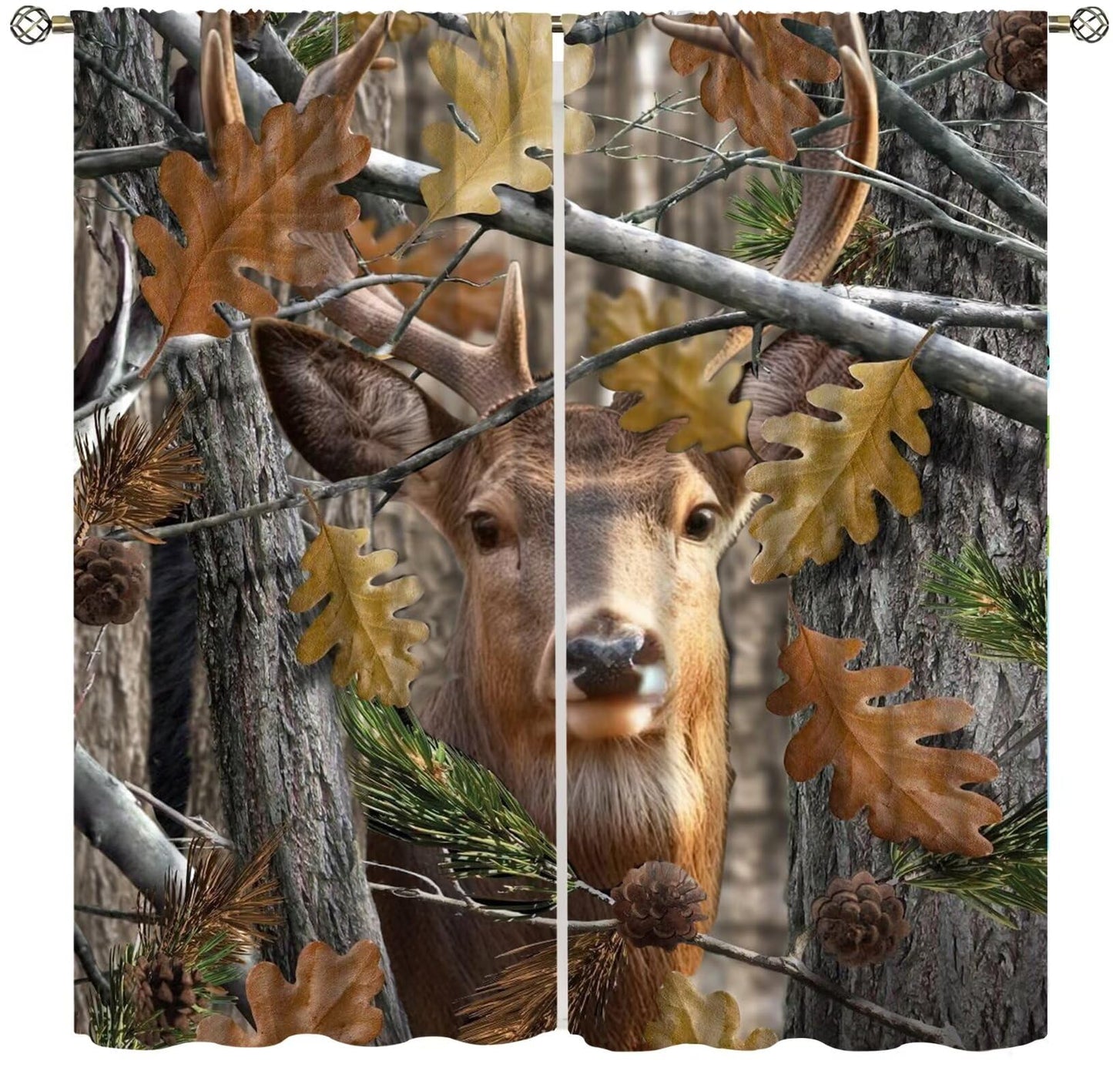 Yearn Jear Forest Camouflage Deer Curtains, Forest Camo Oak Branches Leaves Mossy Hunting Lodge Camp Cabin Theme Windows Door Curtain for Bedroom Living Room Home Decor 42x45in Decor
