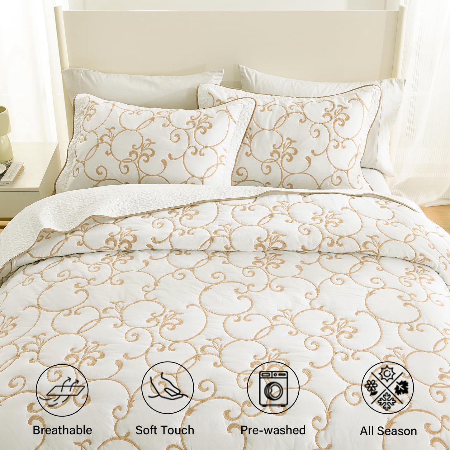 Finlonte Oversized King Bedspread 120"x120" - 100% Cotton Vine Embroidery Cal King Quilted Bedspread, Off-White(Ivory) Bedspread Coverlet Golden Vine, Lightweight Extra Large Quilt with 2 Pillowshams