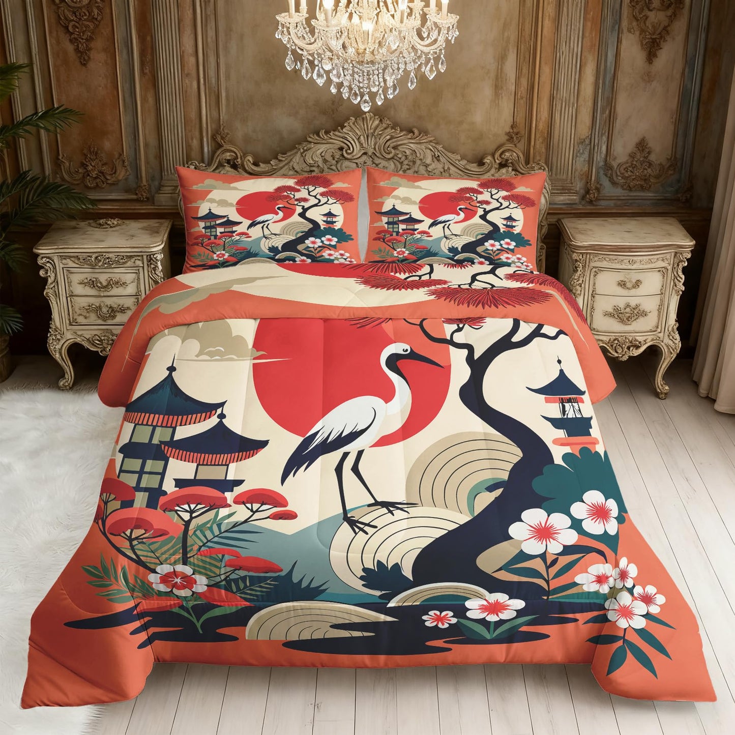 ZDABAOEC Japanese Twin Comforter Set 2 Piece, 1 Pillow Sham, Oriental Asian Chinese Style Reversible Down Alternative All Season Bedding, Soft Microfiber, Japanese Bedroom Decor