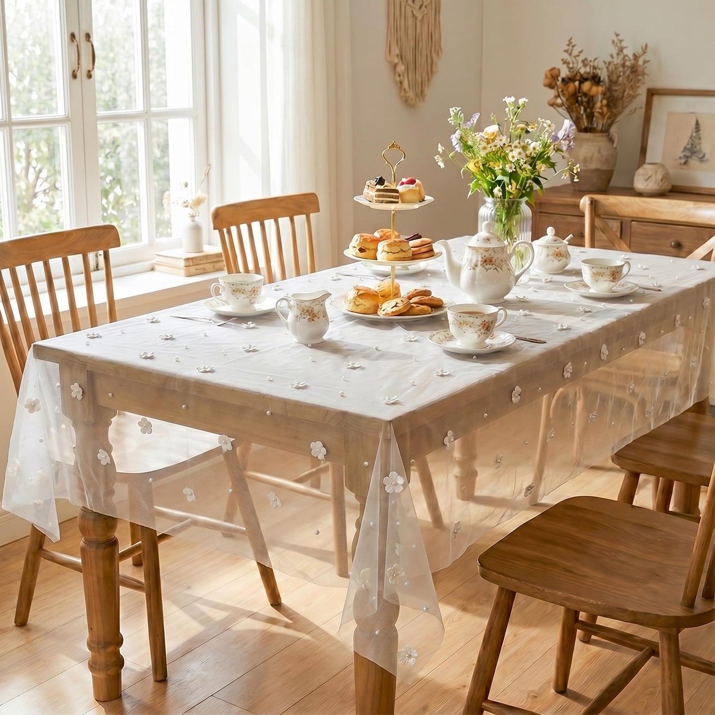 Horaldaily Beige Flower Pearl Beige Gauze Table Cloth 60×84 Inch Rectangular, Seasonal Sheer Tulle Cheesecloth, Bridal Shower Table Cover for Wedding Birthday Table Decor