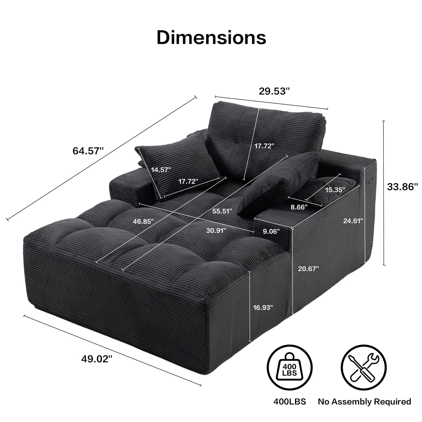 spanspace Chaise Lounge Chair Indoor, Oversized Sleeper Sofa Couch Bed with Removable Armrest Pads, Boneless Couch for Living Room, Bedroom