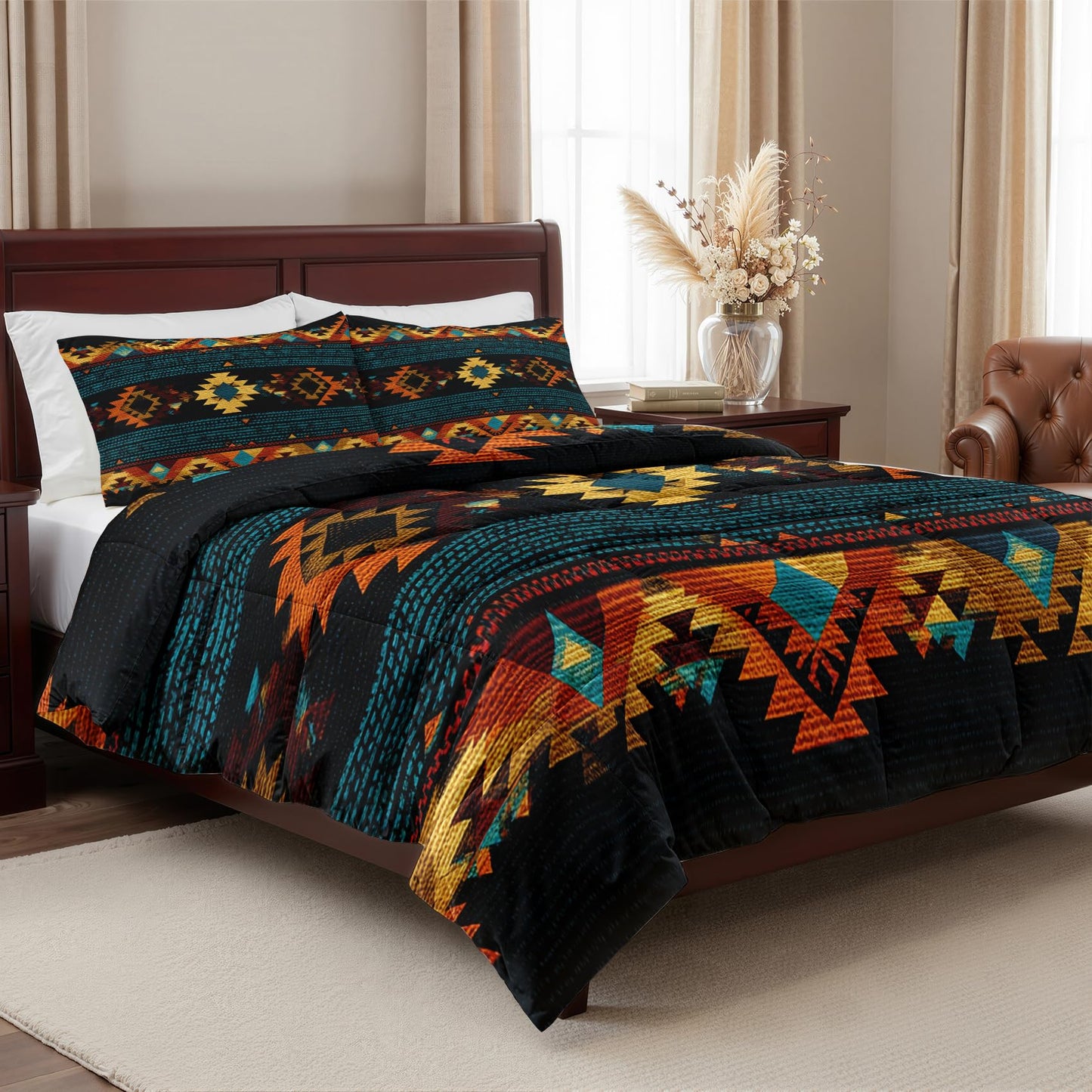 Aztec Comforter Set Queen Size 3 Pcs - All Season Duvet Insert & 2 Pillowcases, Navajo Tribal Bedding Set, Soft Lightweight Down Alternative Comforter, Geometric Bedroom Decor