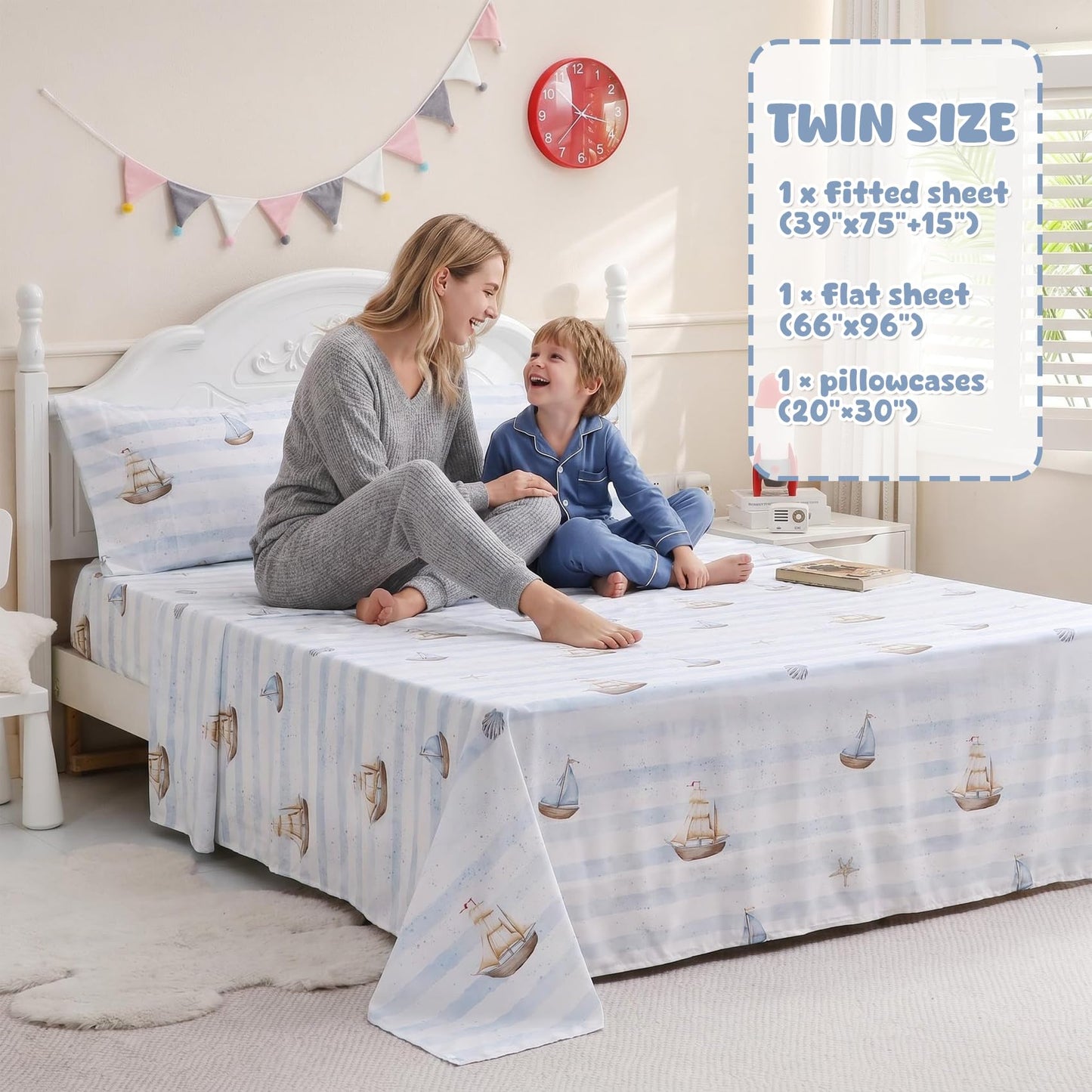 Nautical Boat Printed Twin Sheet Set for Boys,3 Pieces Sailboat Bed Sheet with Pillowcase 15-Inch Deep Pocket Fitted Sheet,Soft Microfiber Shell Starfish Bedding Set for Kids Toddlers Decor Bedroom