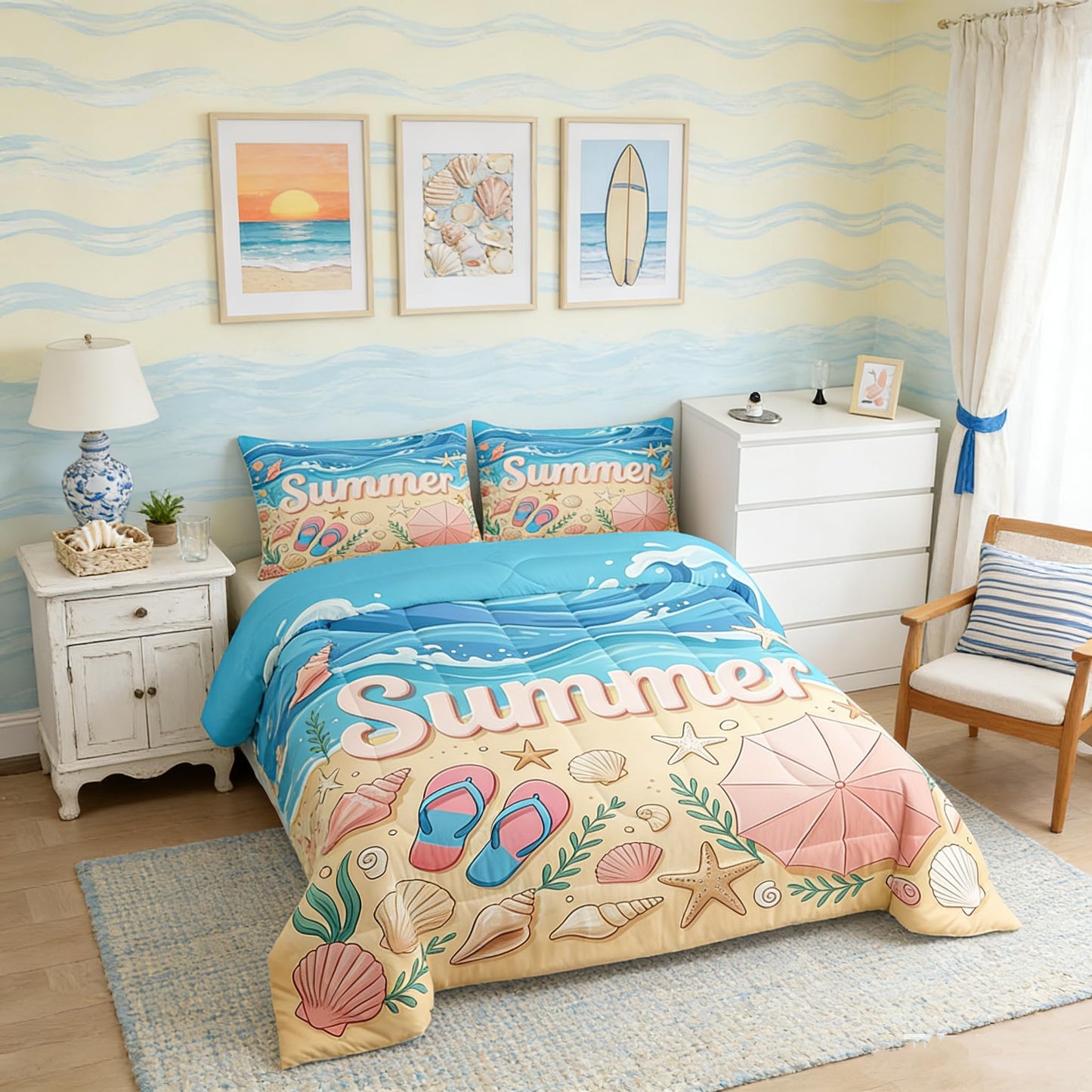 Castle Fairy Queen Size Summer Coastal Starfish Shell Conch Comforter Set with 2 Pillowcases-Blue Flip Flops Bedding for Kids Girls Room Decor,Tropical Hawaiian Beach 3 Pieces All Season Duvet Insert