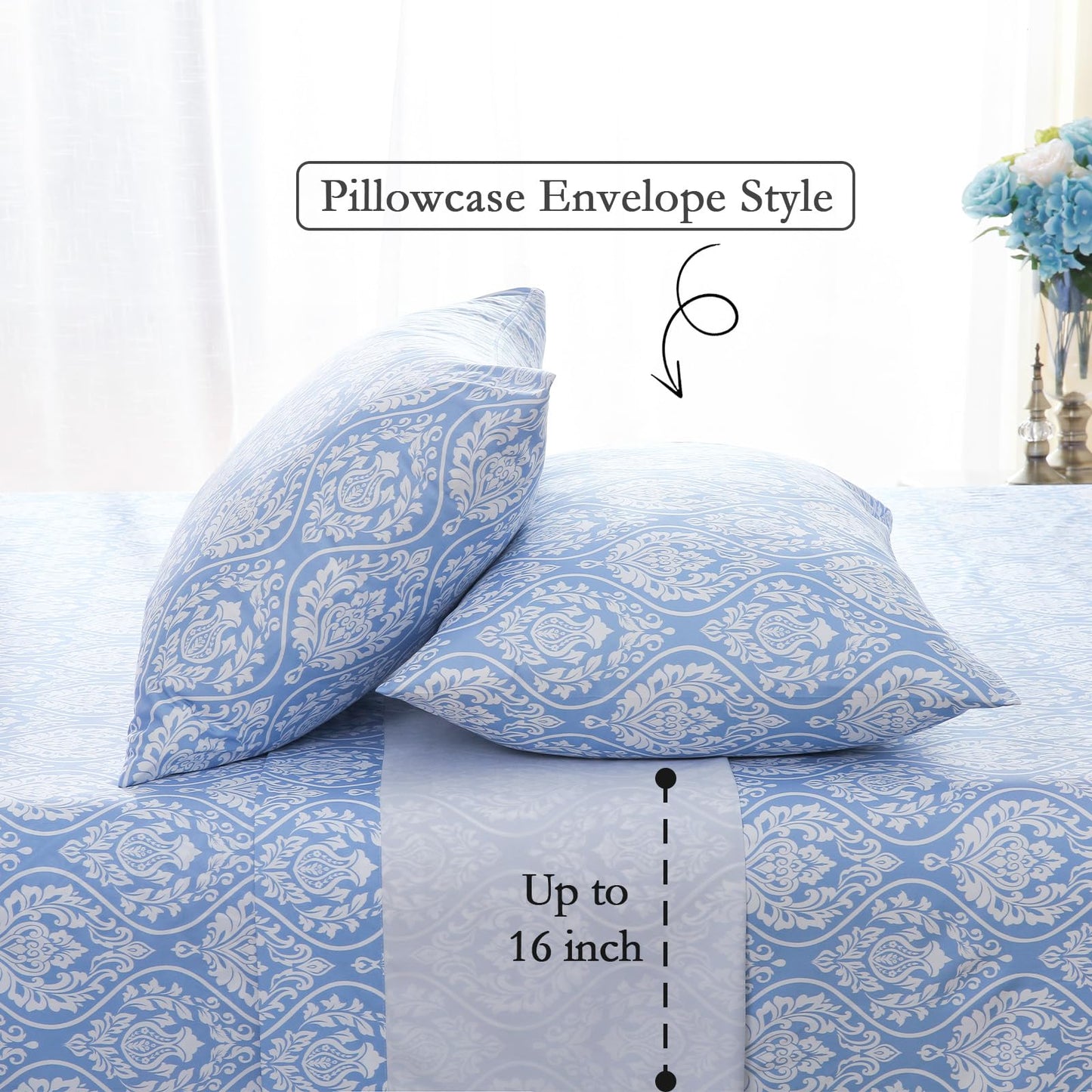 ChicView Queen Size Paisley Printed Sheet Set,4 Pieces Boho Style Breathable Soft Microfiber Bedsheets, Anti Pilling Deep Pockets Easy Care Bed Sheets, White Blue
