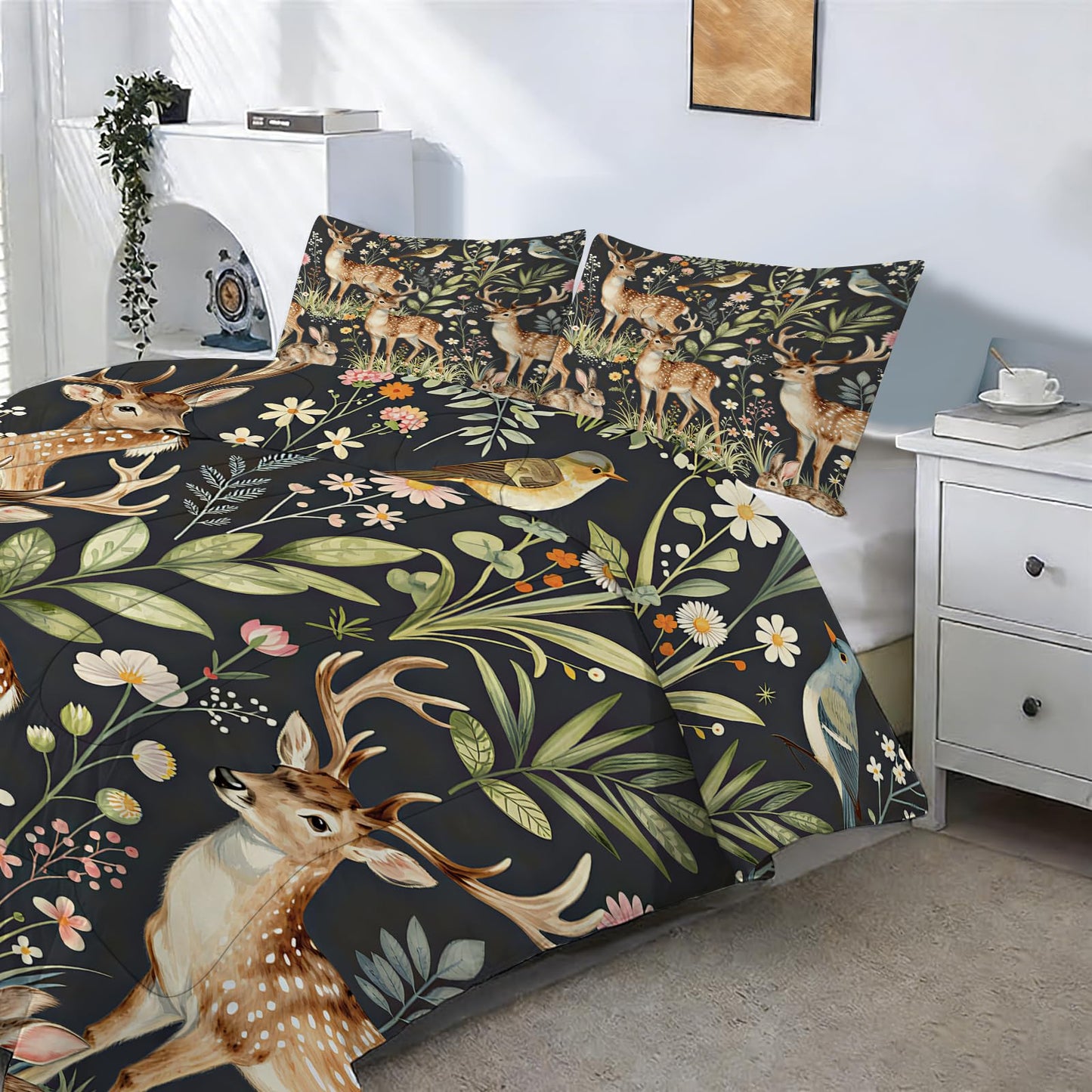 EDGZKO Hunting Themed Comforter Set, Queen Size Deer Rabbit Bedding Set for Boys Girls Kids Teens Adults, Elk Moose Quilt Duvet Bed Set, Wild Animals Bedroom Decor 1 Comforter & 2 Pillowcases