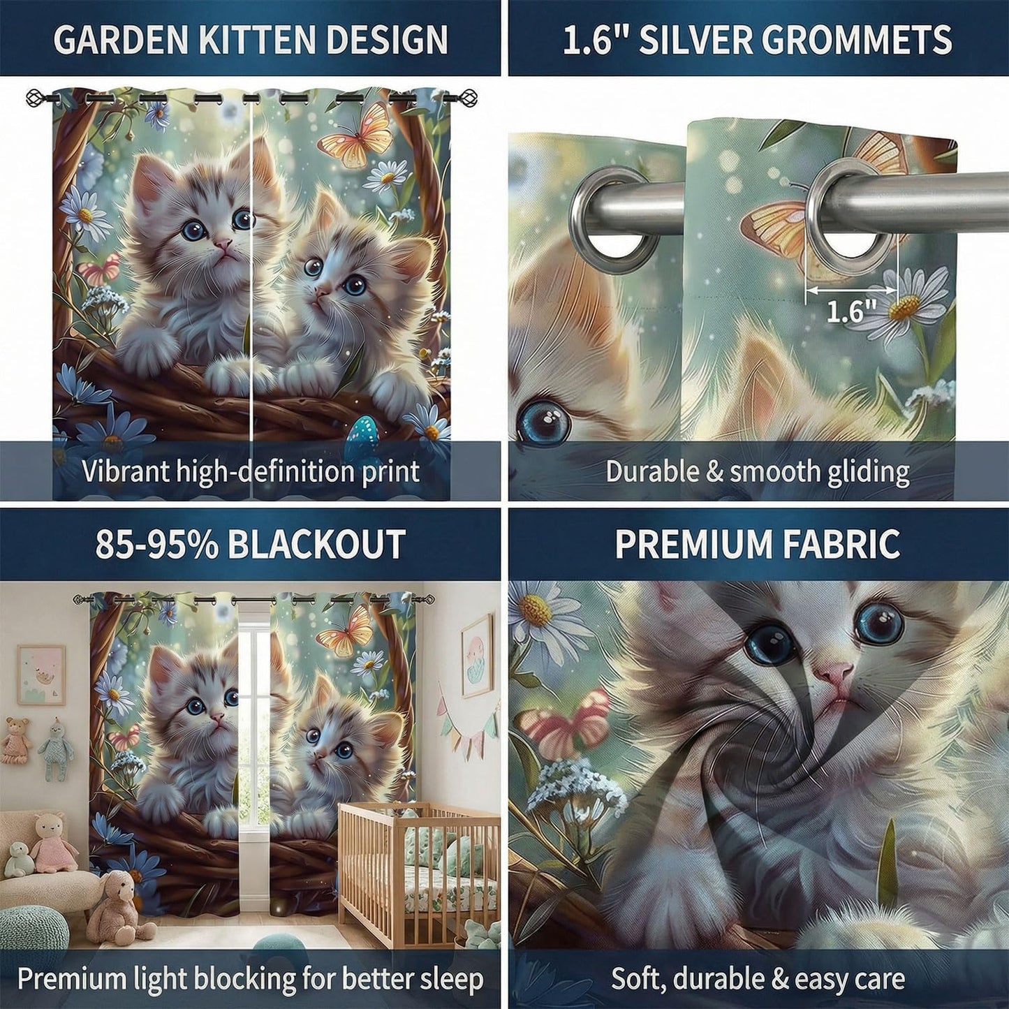 Sordcoz Cat Blackout Curtains for Girls Bedroom — Kawaii Kitty Print Room Darkening Drapes with Silver Grommets, Thermal Insulated 2 Panels Window Curtains for Kids Room & Nursery, 42 x 45 Inch