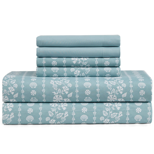 Caribbean Joe 6-Piece Sheet Set with Cooling Pillowcases, 12-inch Deep Pockets, Tropical Beach Coastal Design, Queen, Coastal Stripe Light Blue