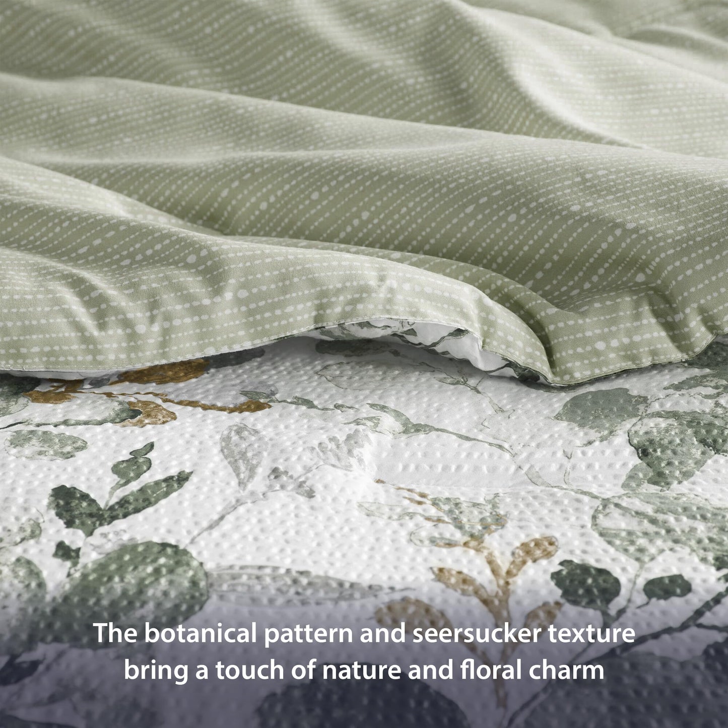 Regency Heights Lightweight Seersucker Botanical Comforter Set Twin Size, 2 Pieces Reversible Design with Striped Print, Premium Microfiber Bedding Set, Comforter and Sham Set, Green