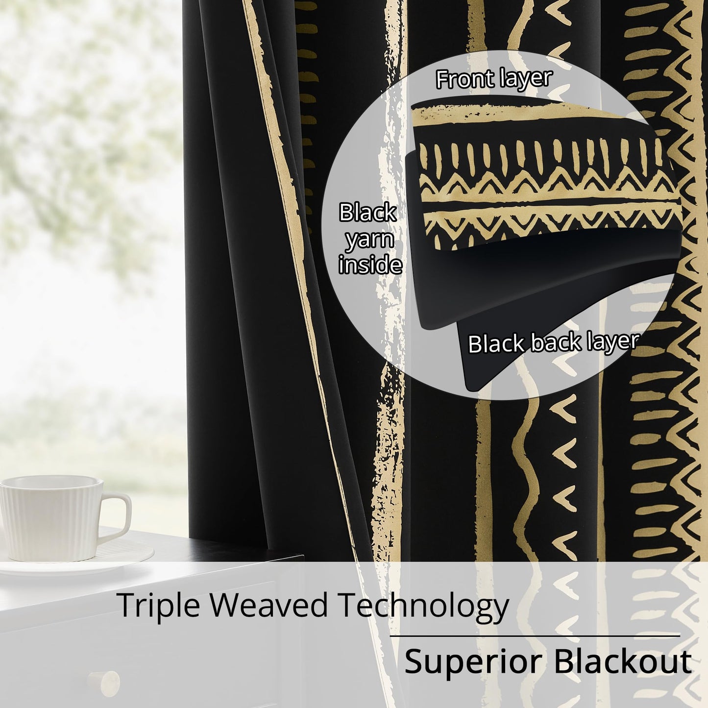 BOHOMOCASA Black and Gold Curtains, 100% Blackout, Boho Metallica Gold Foil Pattern – Thermal Insulated, Noise Reducing, Grommet Top, Set of 2 Panels, 52 x 96 Inch, Bohemian Design