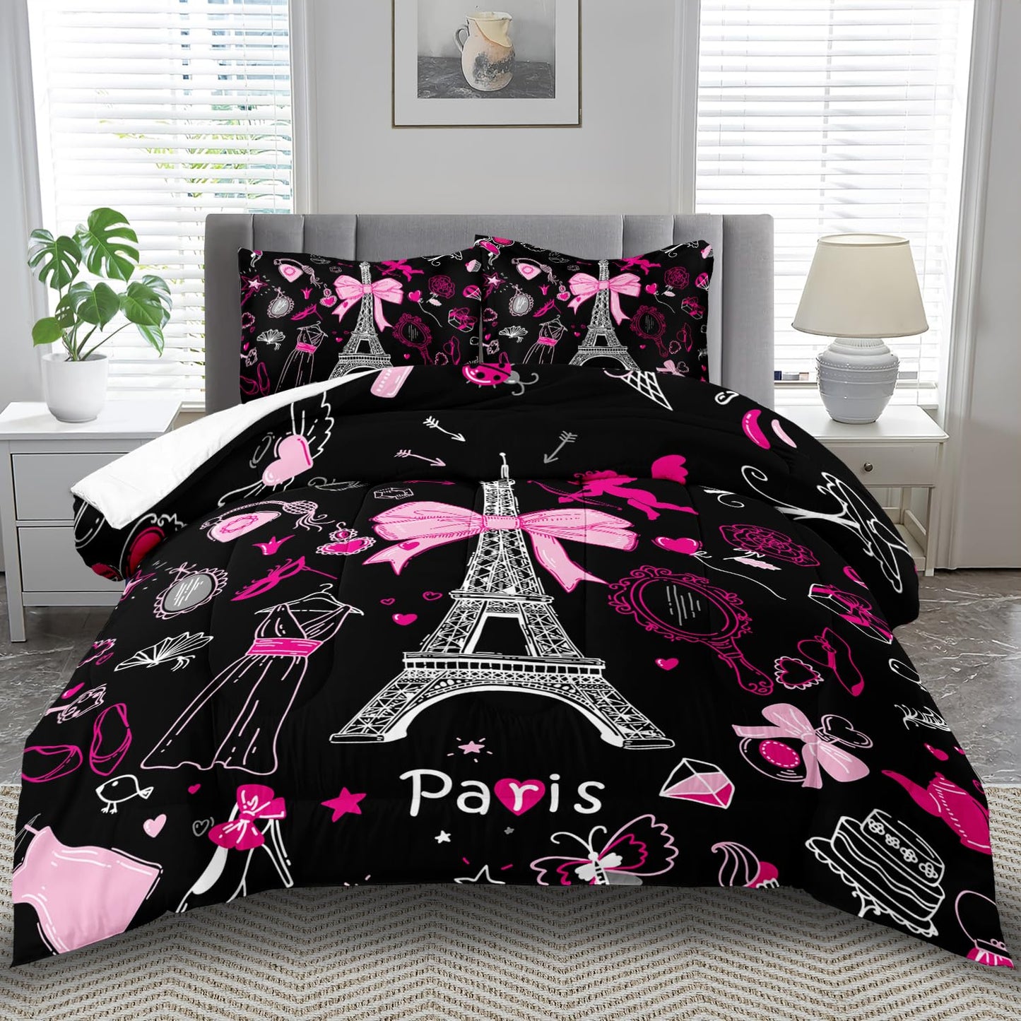 llyxsesty Eiffel Tower Comforter Set King Size,Eiffel Tower Bedding Set for Girls, Pink and Black Paris Themed Comforter Bedroom Decor,Paris Quilt French Style Romantic Bedding