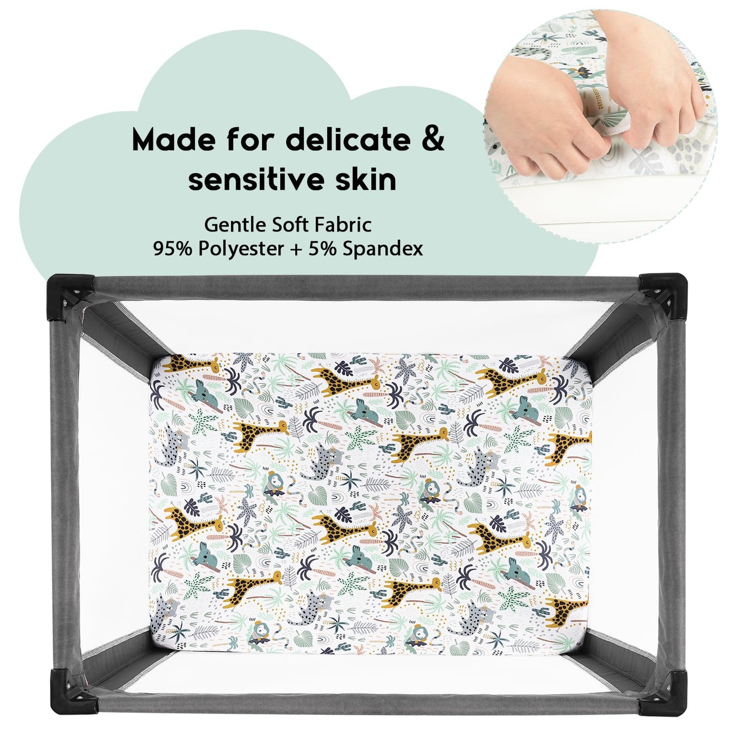 Yoofoss Pack and Play Sheets Fitted, Mini Crib Sheets 2-Pack for Pack N Play Mattress, Stretchy Playard Sheet, Soft and Breathable Green+Giraff