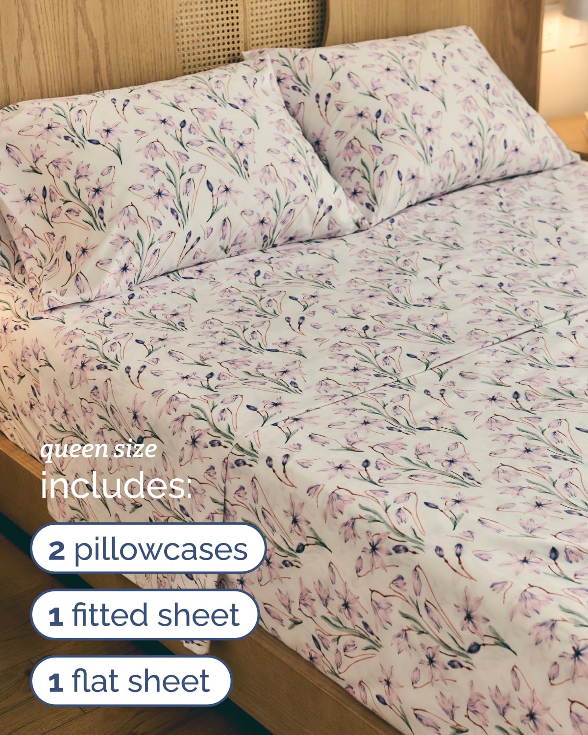 Floral Sheets - Pink Floral Bed Sheet Set - 1 Flat & 1 Fitted & 2 Pillowcases w/ Deep Pockets - Comfy, Wrinkle & Fade Free - Boho Botanical Bedding - Ultra-Soft, Breathable & Cooling - Queen Size Set