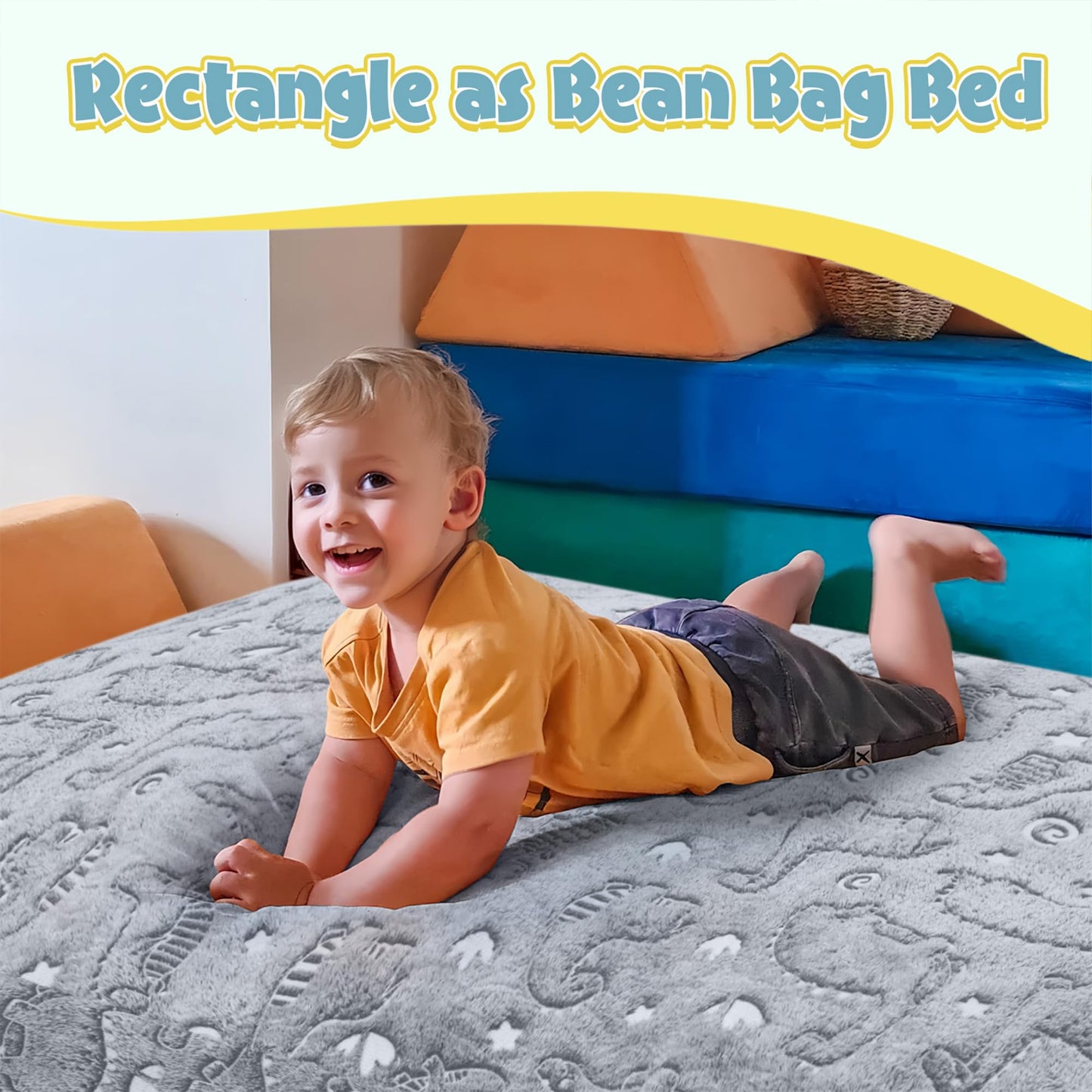 COMAX Kids Bean Bag Chair Turn into Beanbag Bed, Dinosaur Toddler Bean Chair for Girl Boy Sleeping, Lazy Children Bean Bags with Filler, Convertible Child Floor Mattress, Grey Dino